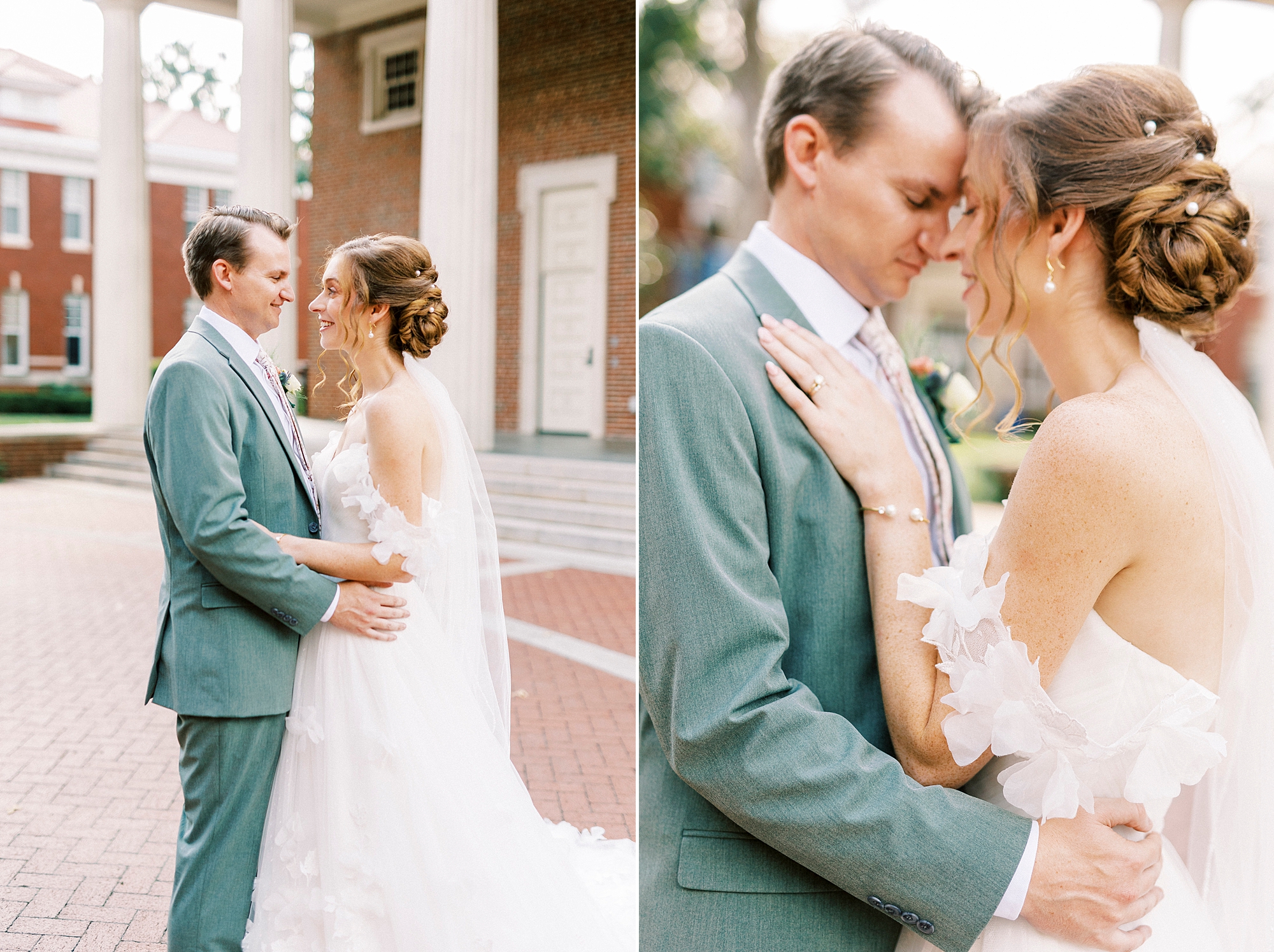 bride and groom hug leaning heads together outside Belk Chapel at Queens University
