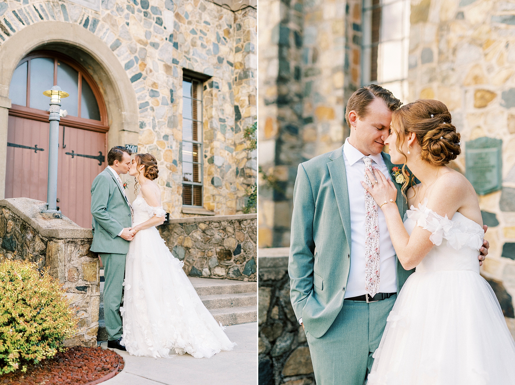 newlyweds hug outside the Palmer Building