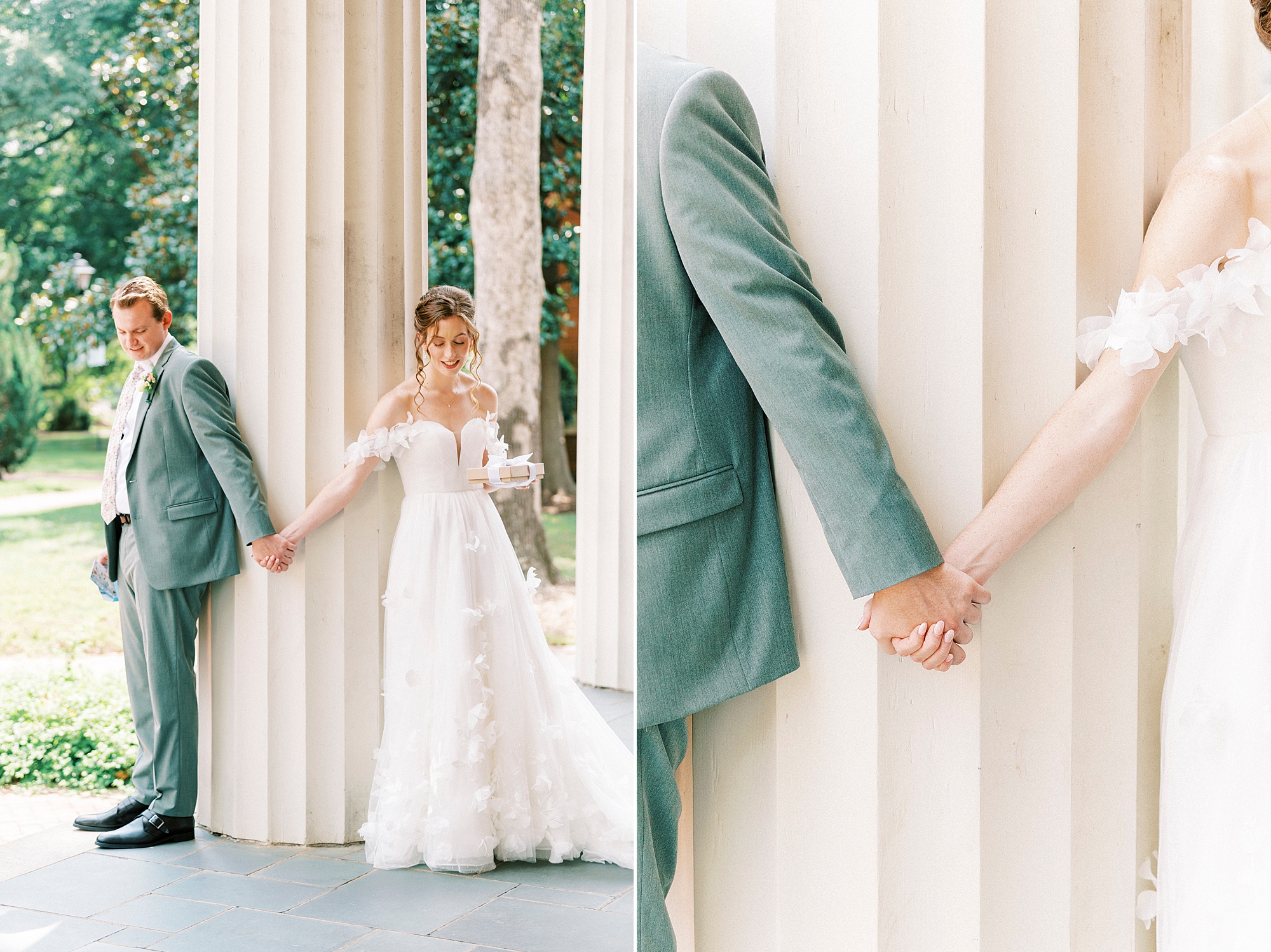 bride and groom hold hands around pillar at Belk Chapel at Queens University