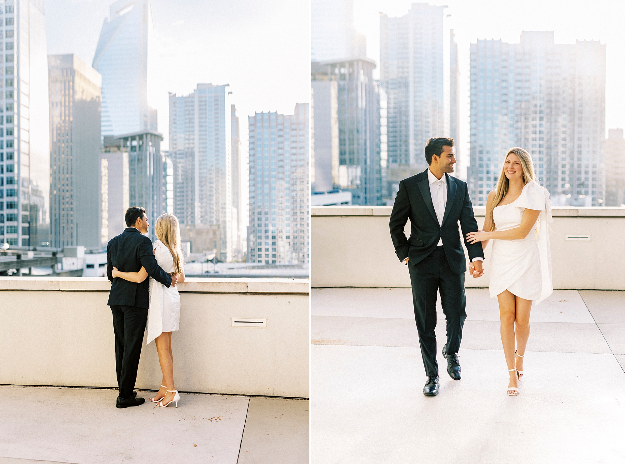 man and woman hug looking at Charlotte skyline from the Grand Bohemian Hotel roof