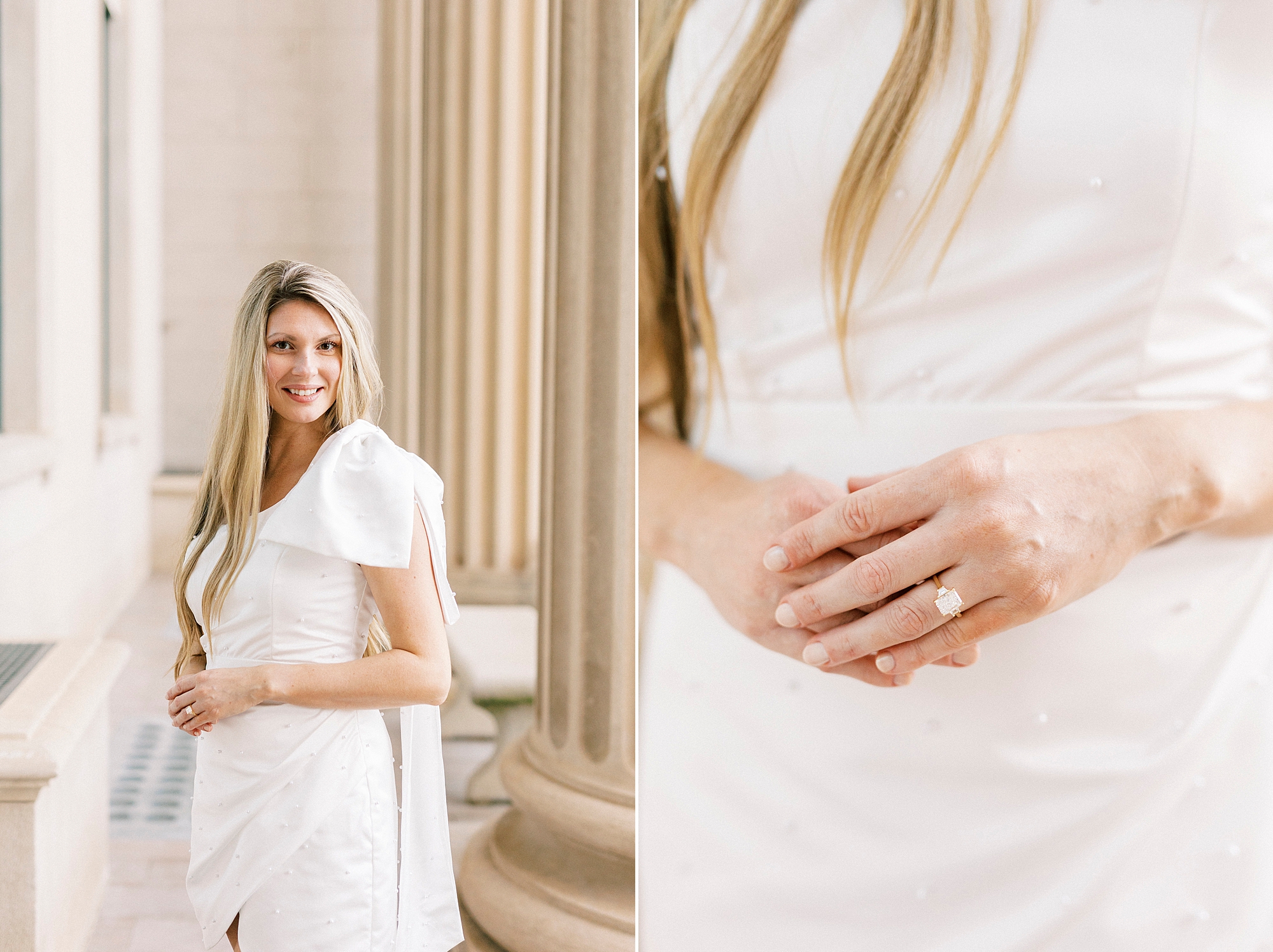 blonde woman in stylish white dress holds hands showing off engagement ring 