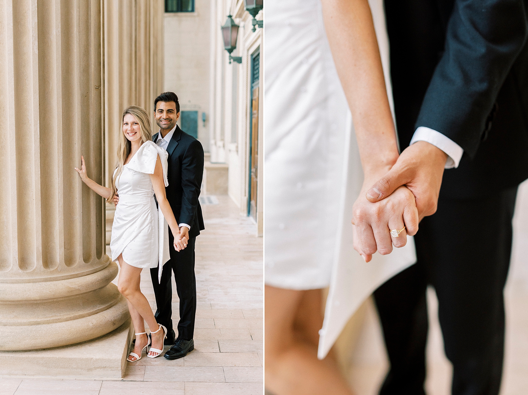engaged couple holds hands leaning against column in Charlotte NC