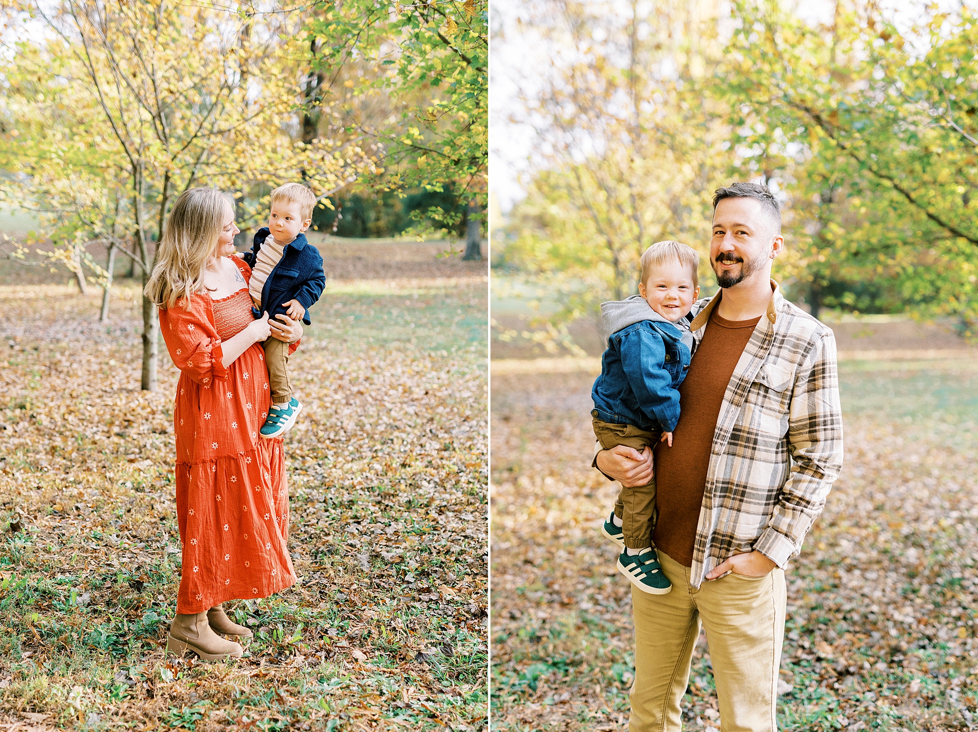parents smile with son during fall family photos at Rob Wallace Park