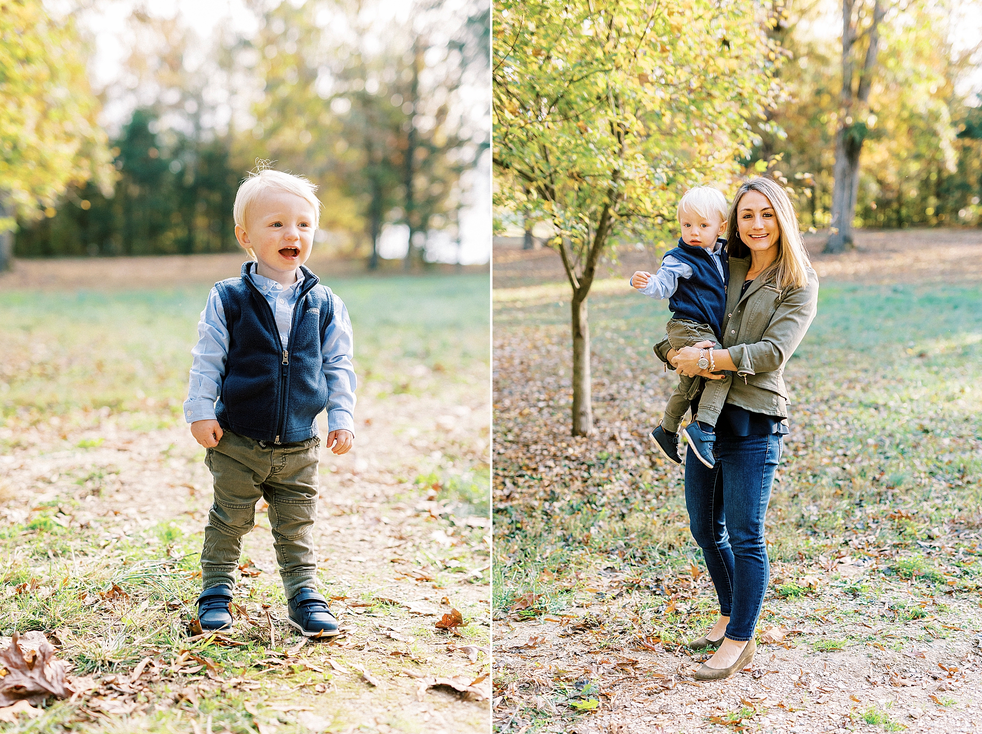 mom smiles hugging young son and playing in leaves during fall mini sessions in Charlotte NC