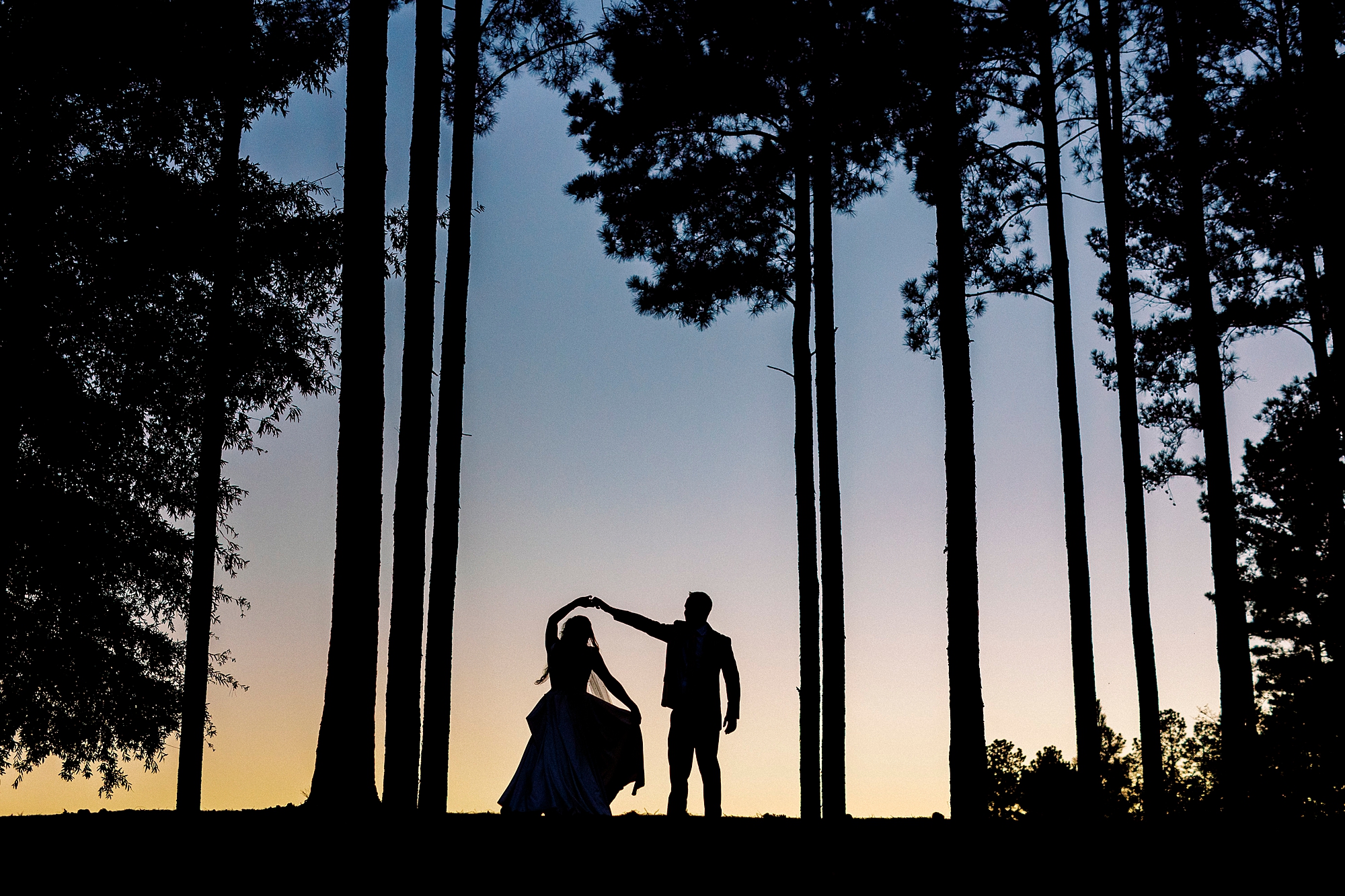 silhouette of groom twirling bride between trees
