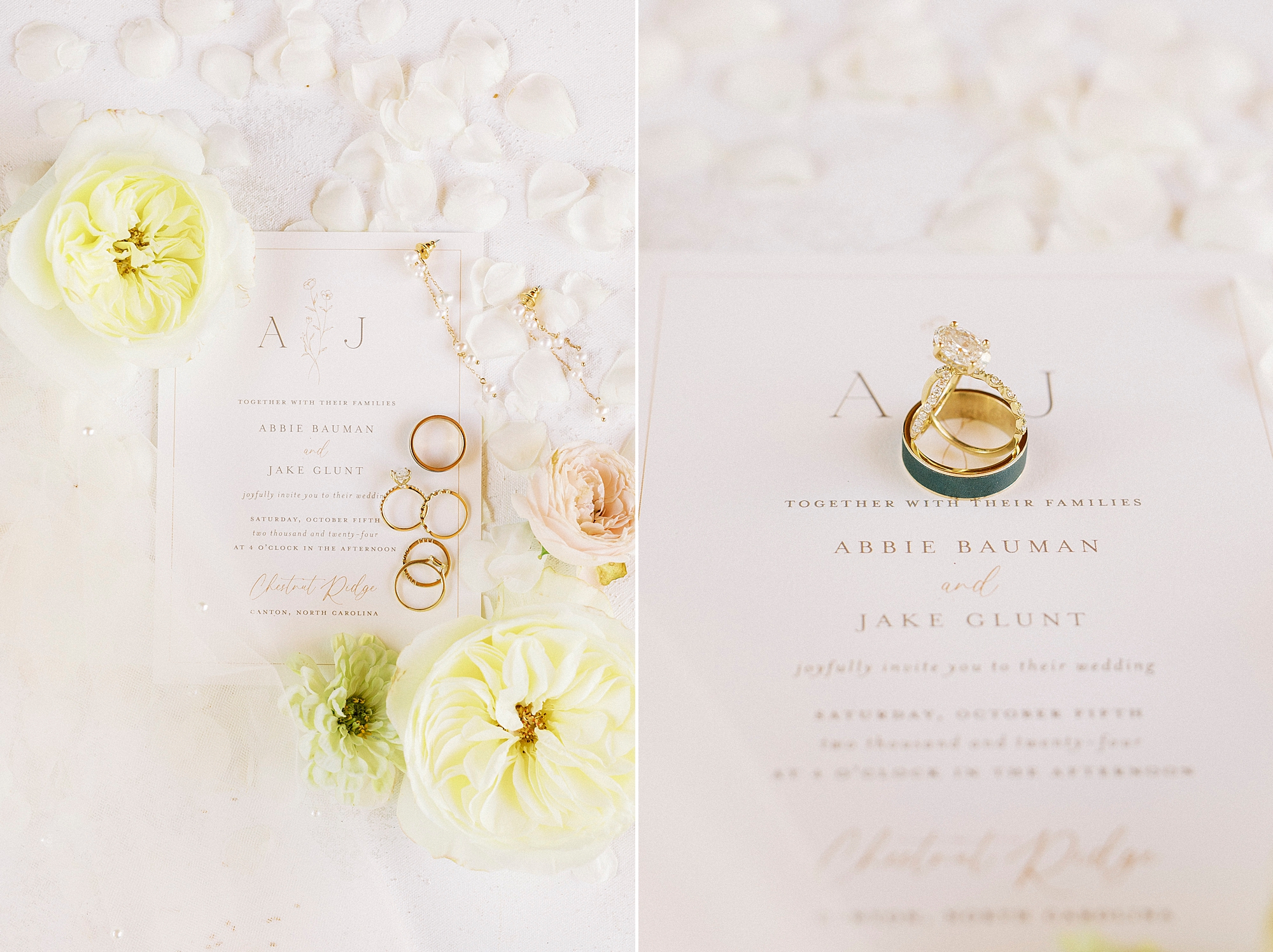wedding rings on stationery with yellow flowers 