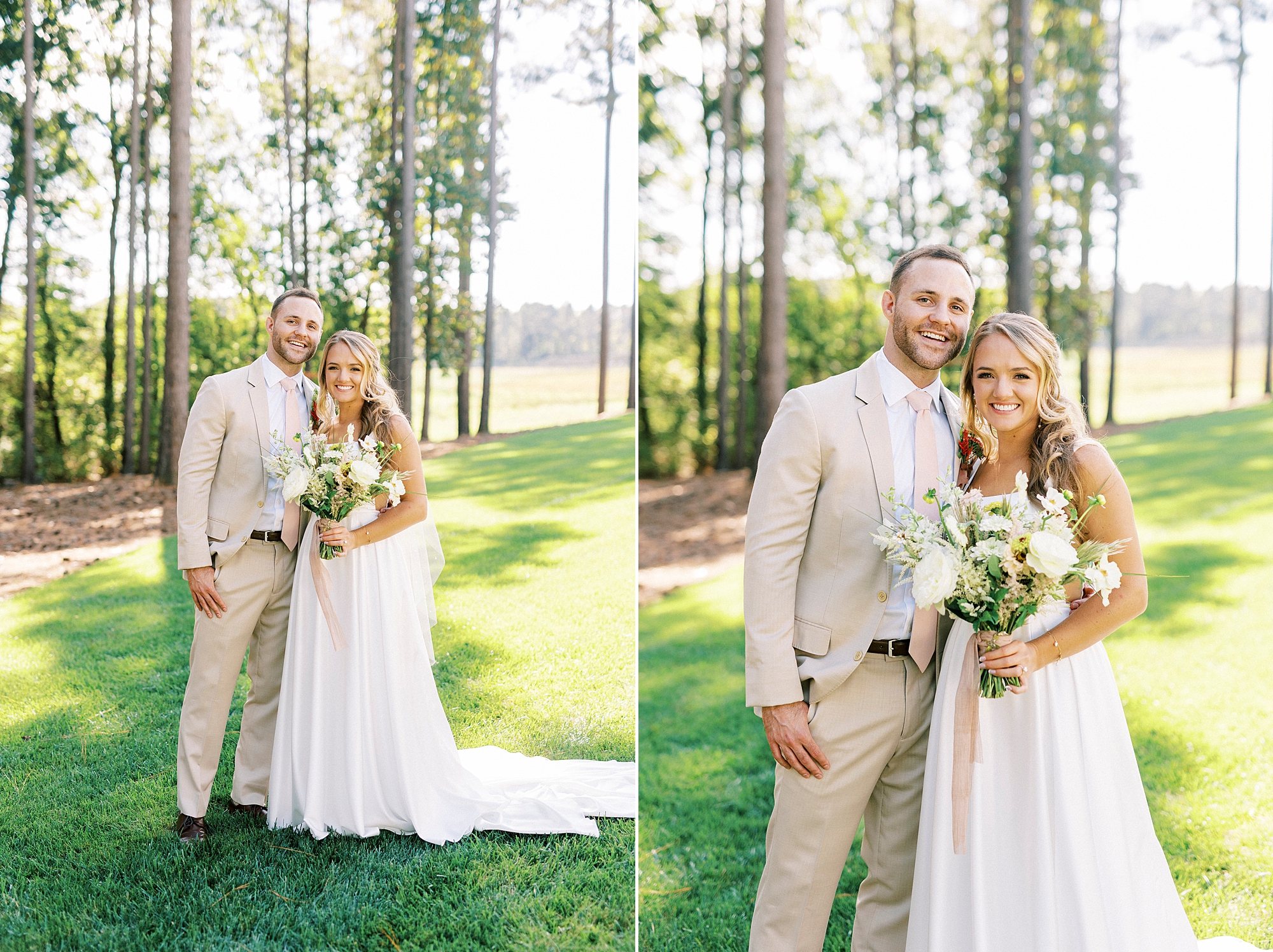 bride and groom hug on lawn of Richfield NC home