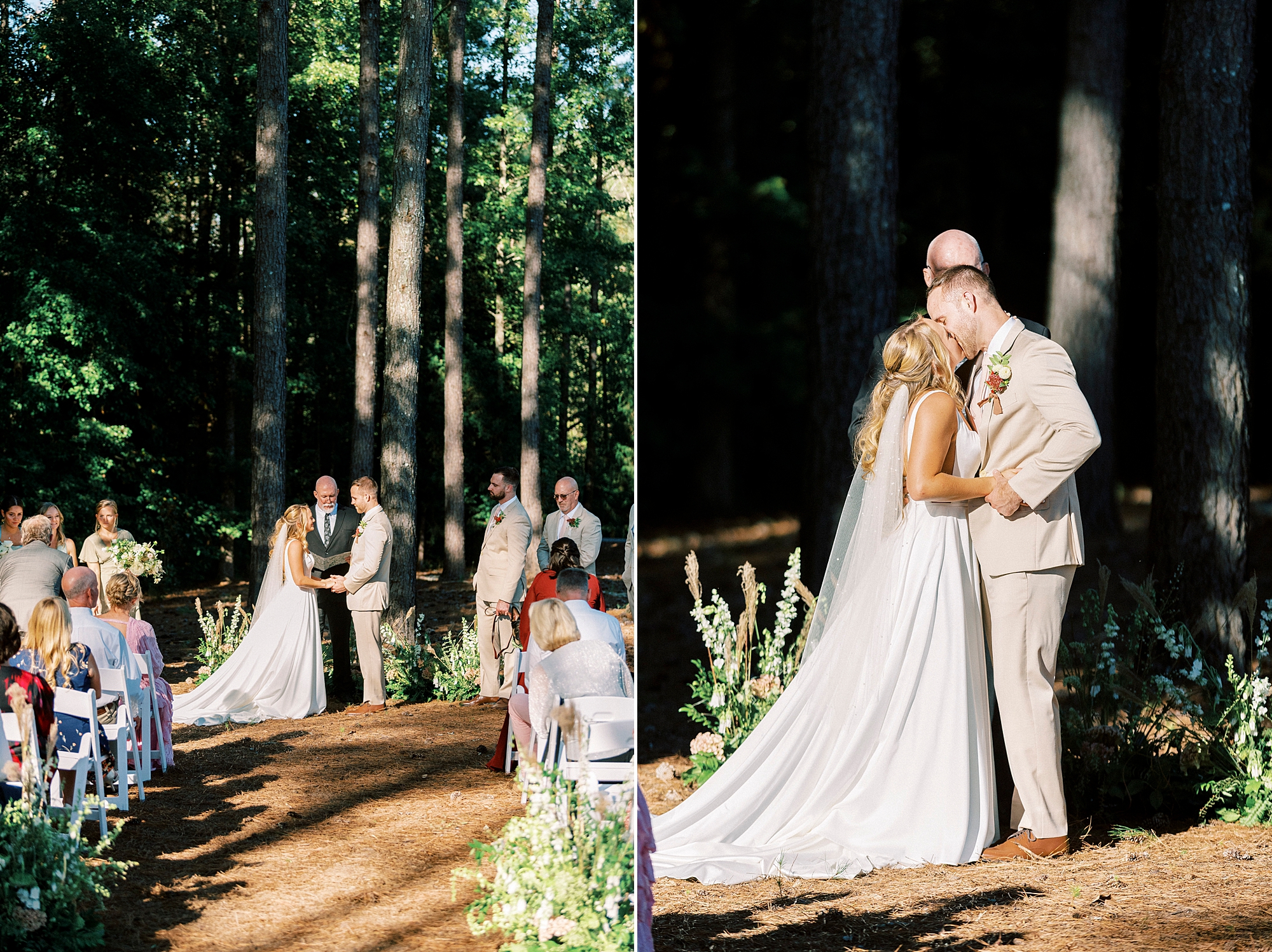 bride and groom kiss during wedding ceremony in backyard