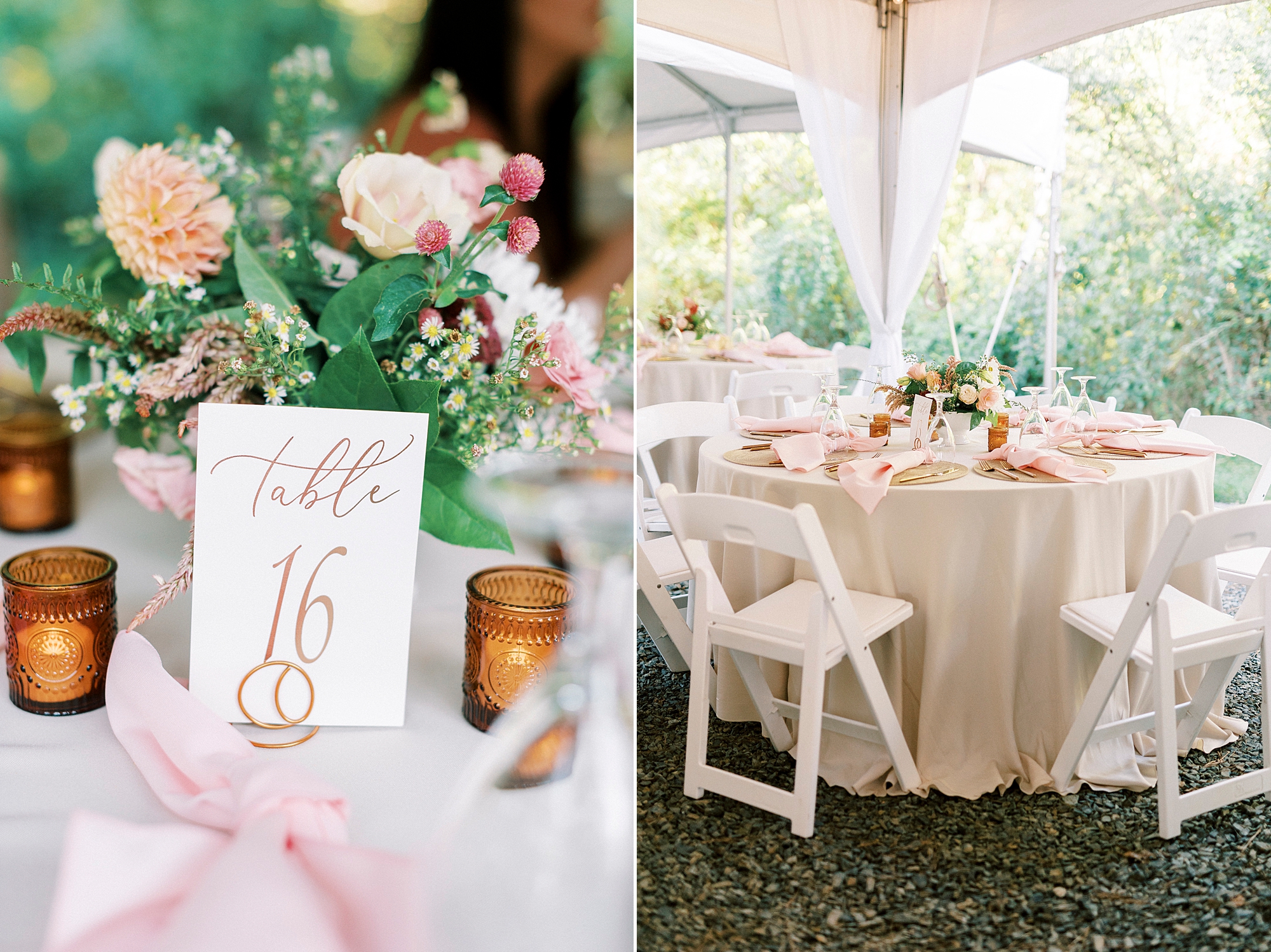 wedding reception under white tent with pink flowers with table numbers at Richfield NC