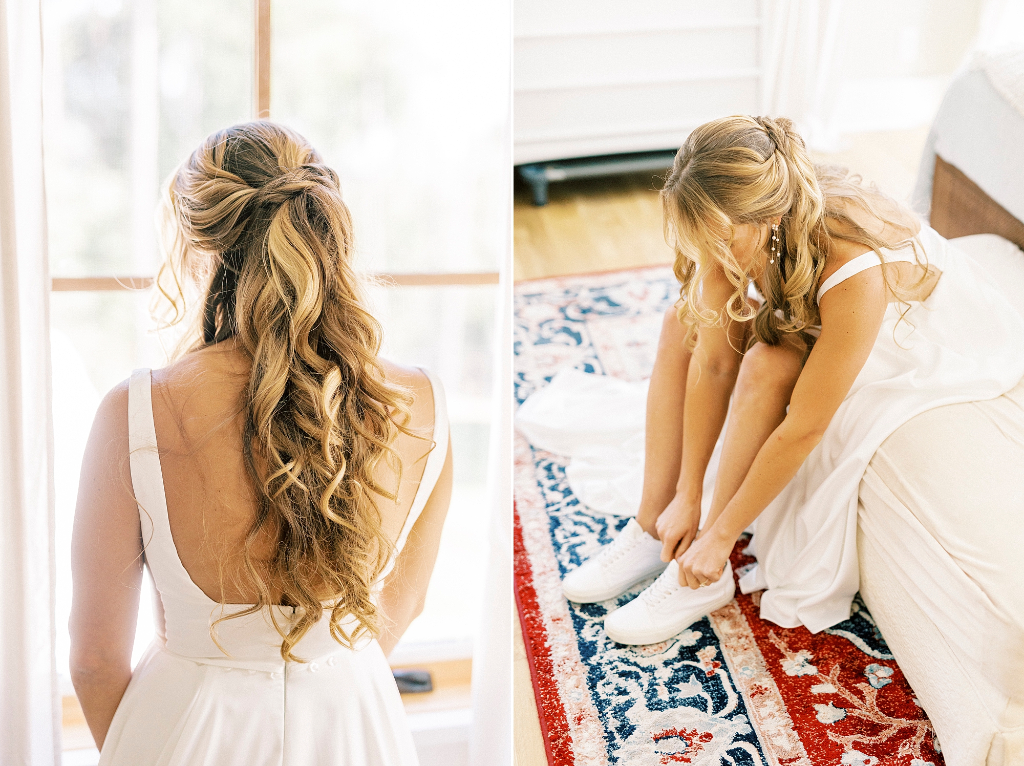 bride puts on sneakers for wedding in backyard