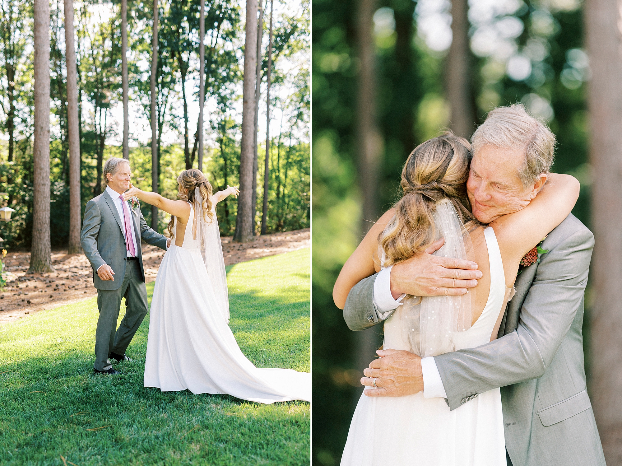 bride hugs dad on lawn at home in Richfield NC