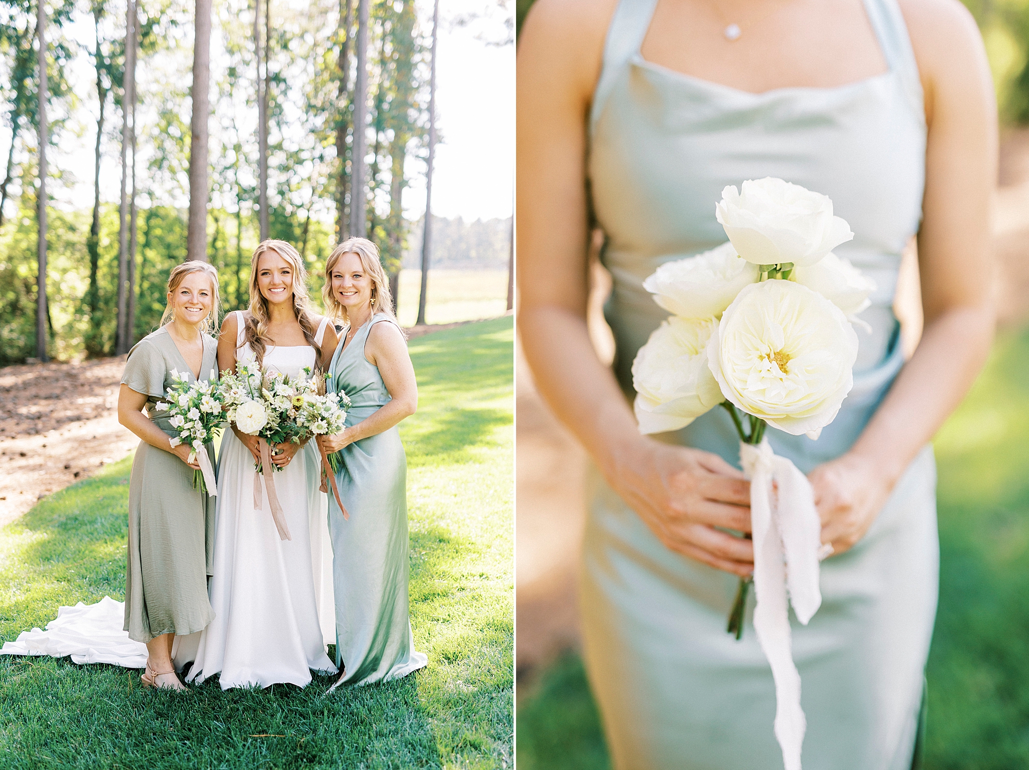 bride poses with bridesmaids in white flowers with long ribbons 