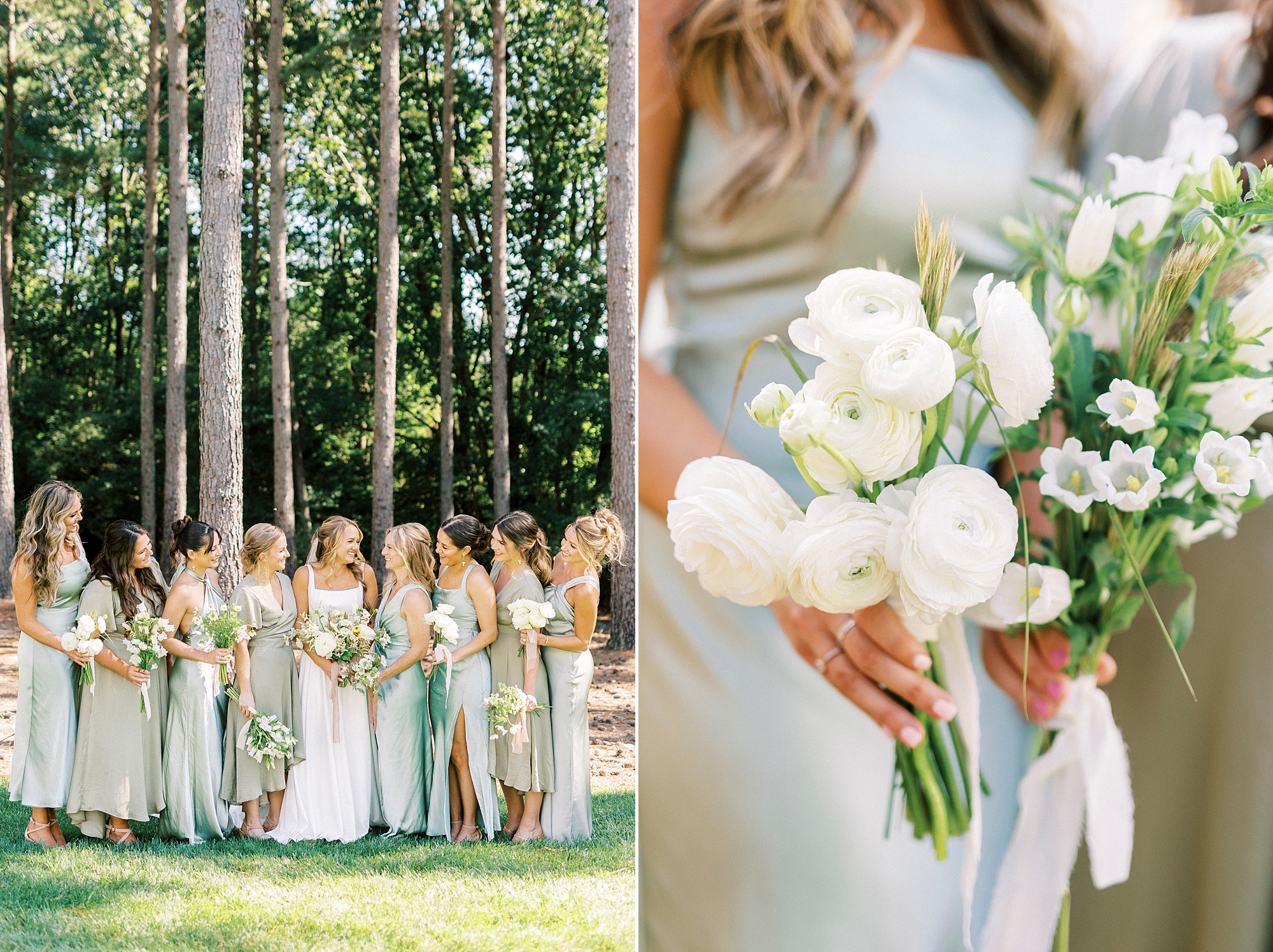 bride poses with bridesmaids in mint gowns with white bouquets 