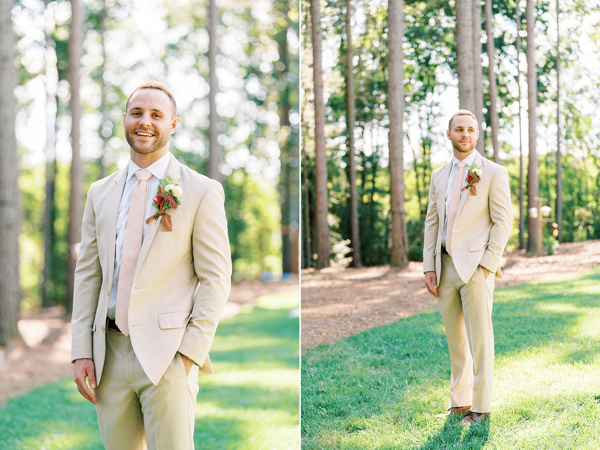 groom stands in tan suit with hands in pockets 