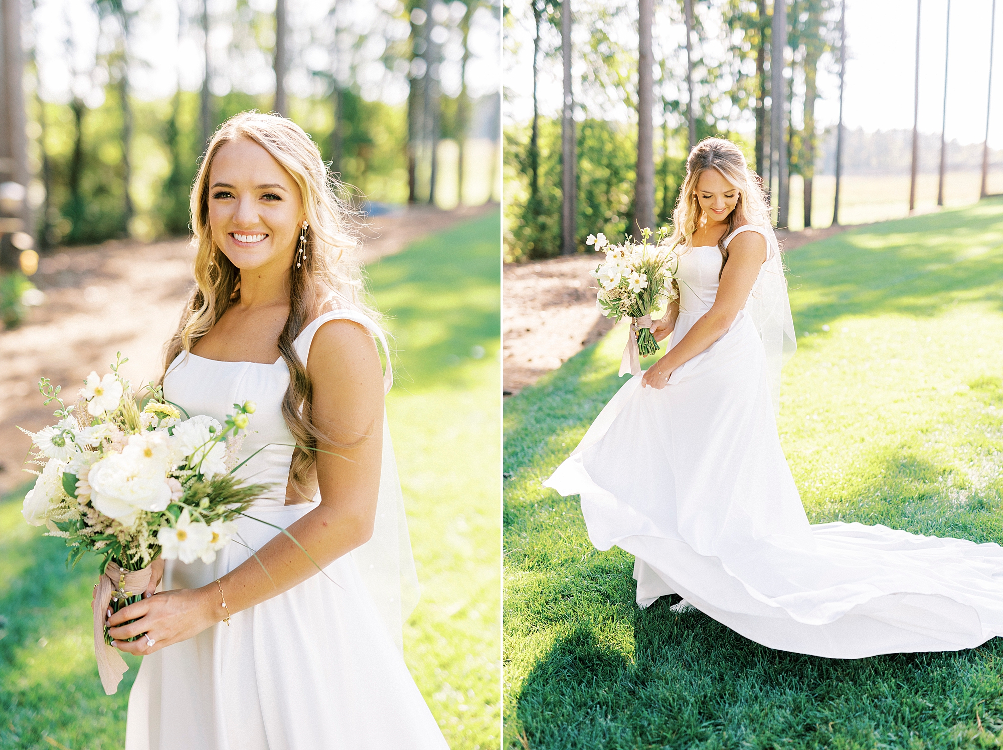 bride holds bouquet of white and green flowers