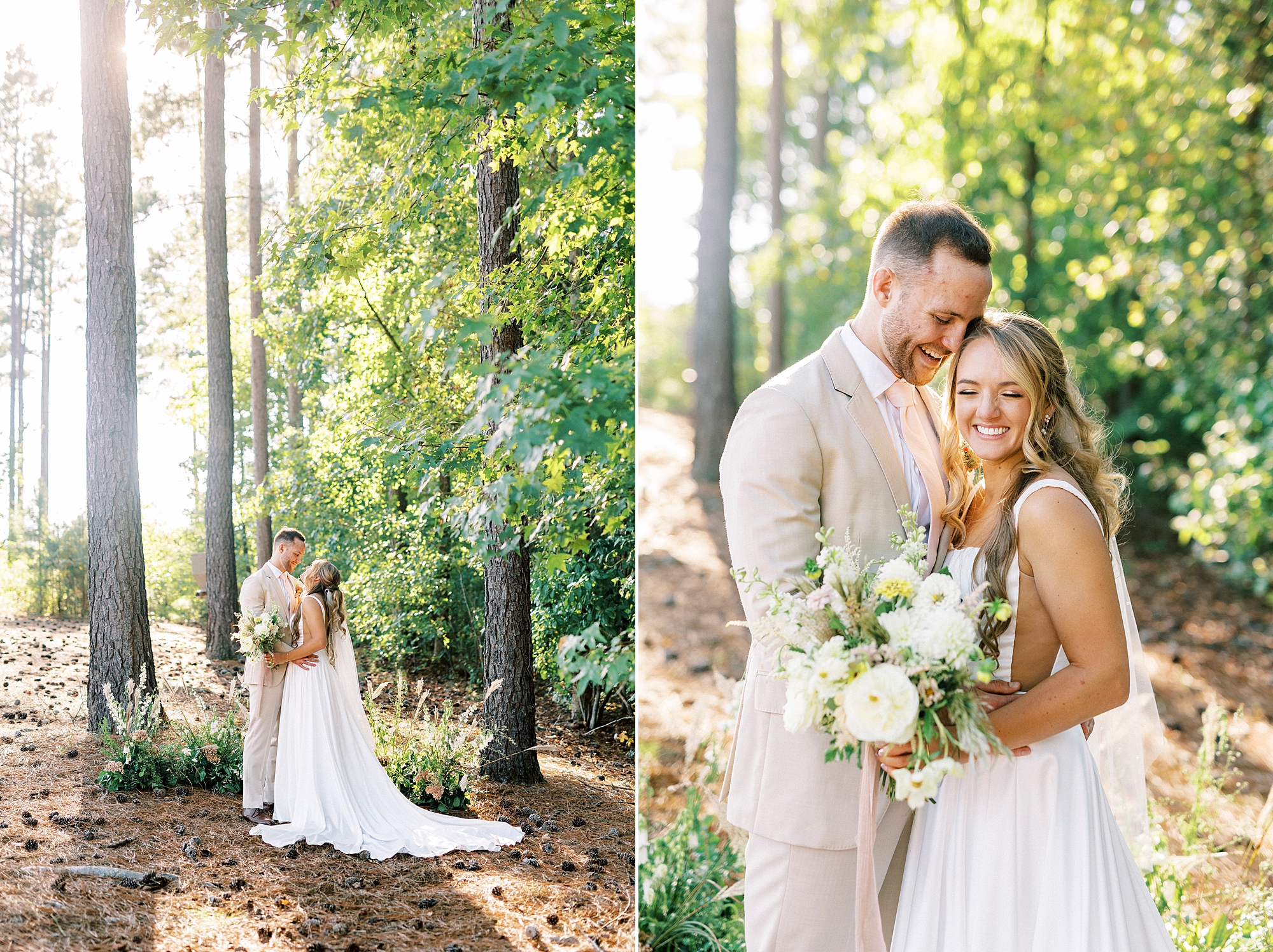 newlyweds hug in woods on Richfield NC property 
