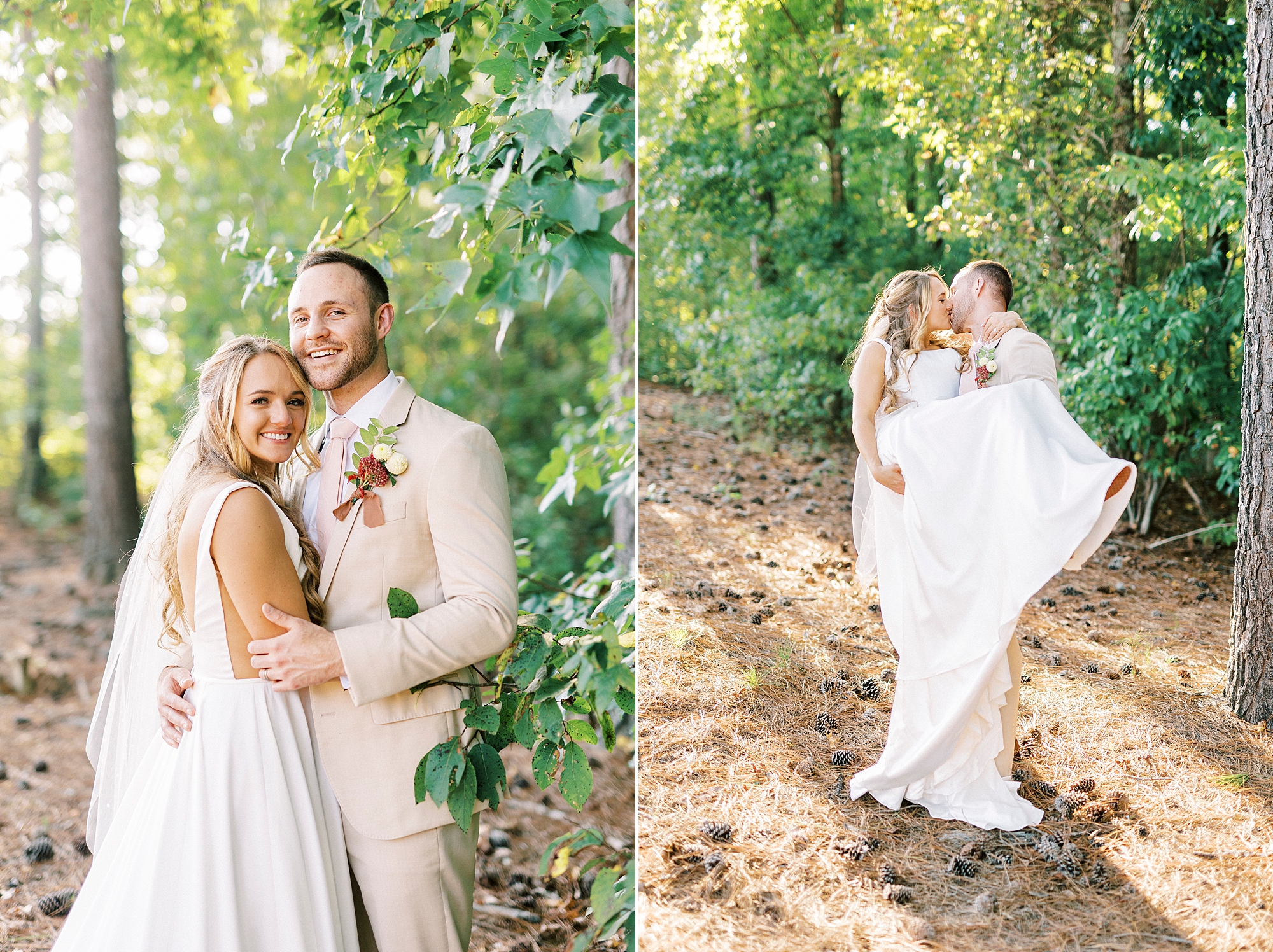 newlyweds hug and groom lifts bride walking through woods 