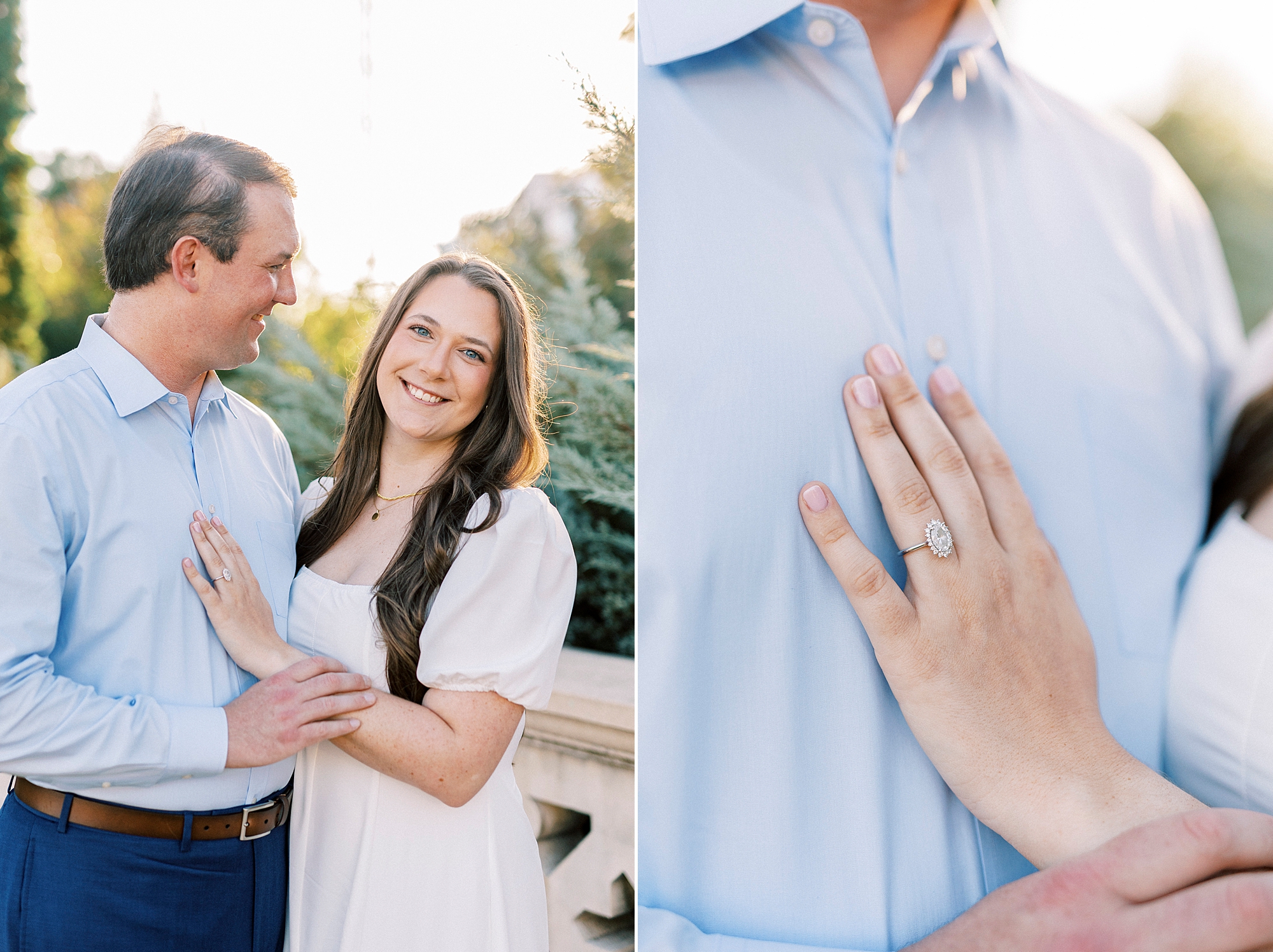 woman places left hand on man's chest showing off ring during engagement photos at Midtown Park