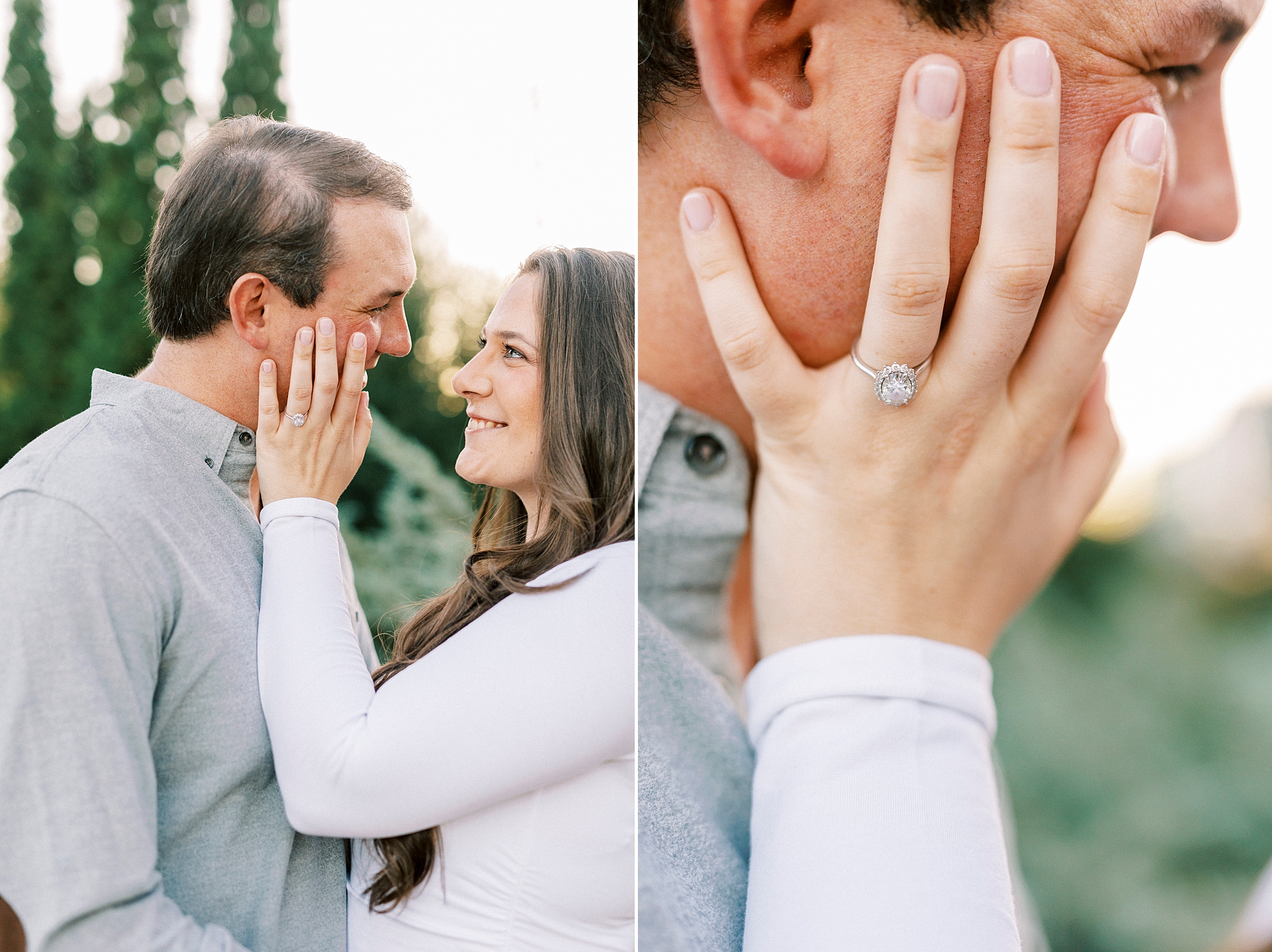 woman holds man's jaw showing off engagement ring inside Midtown Park