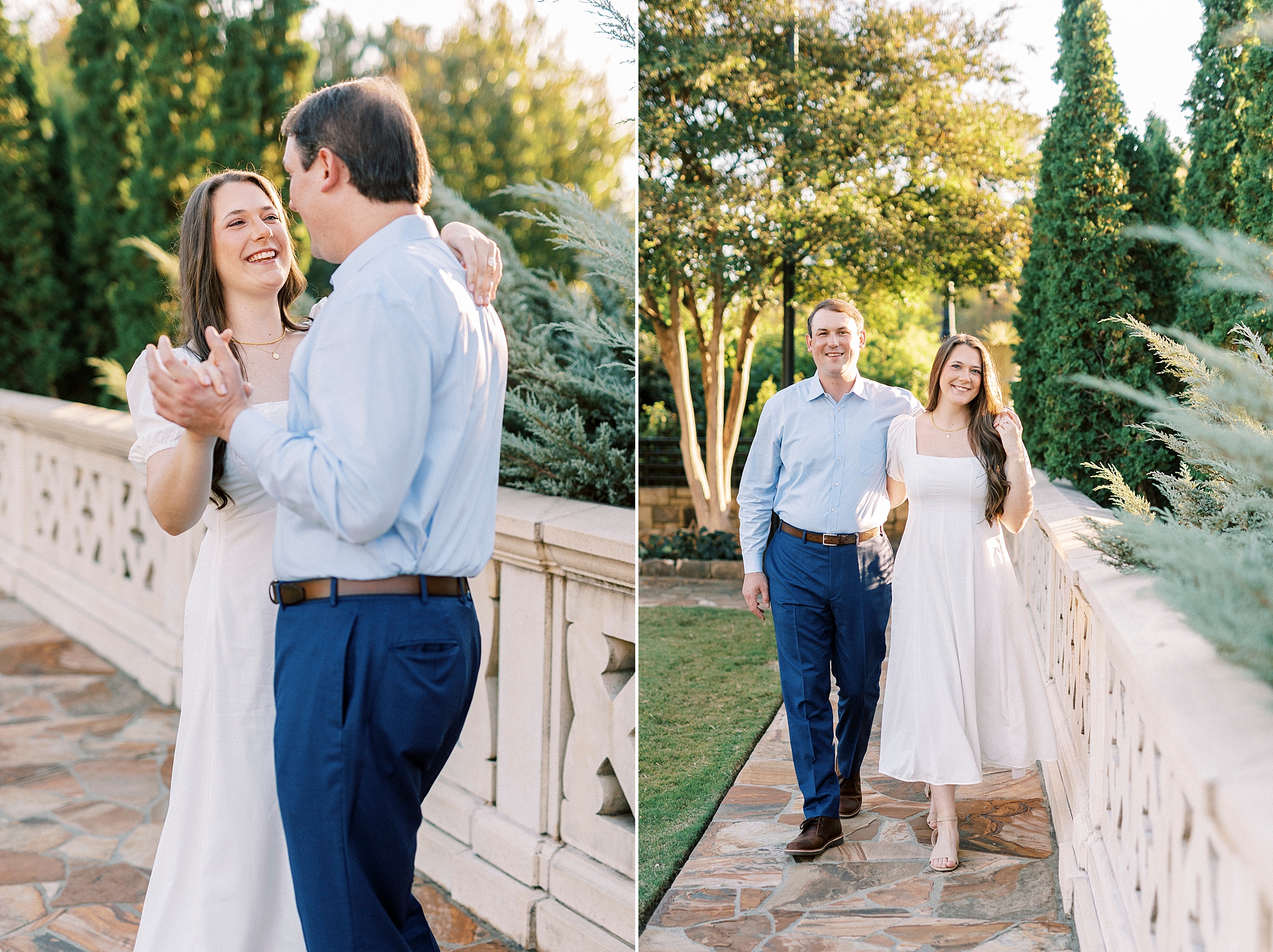 engaged couple holds hands walking on bridge inside Midtown Park
