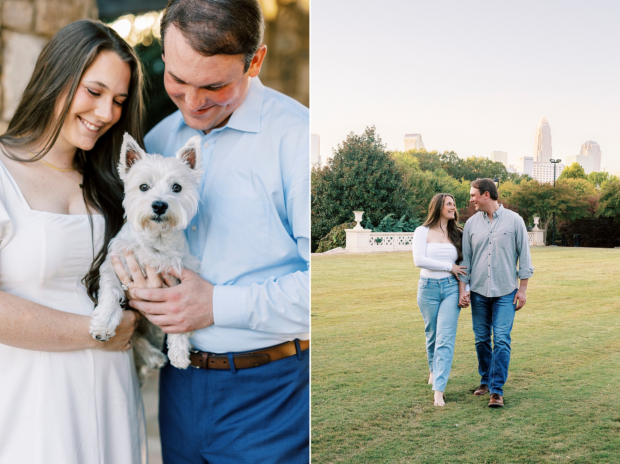 engaged couple walks on lawn at Midtown Park