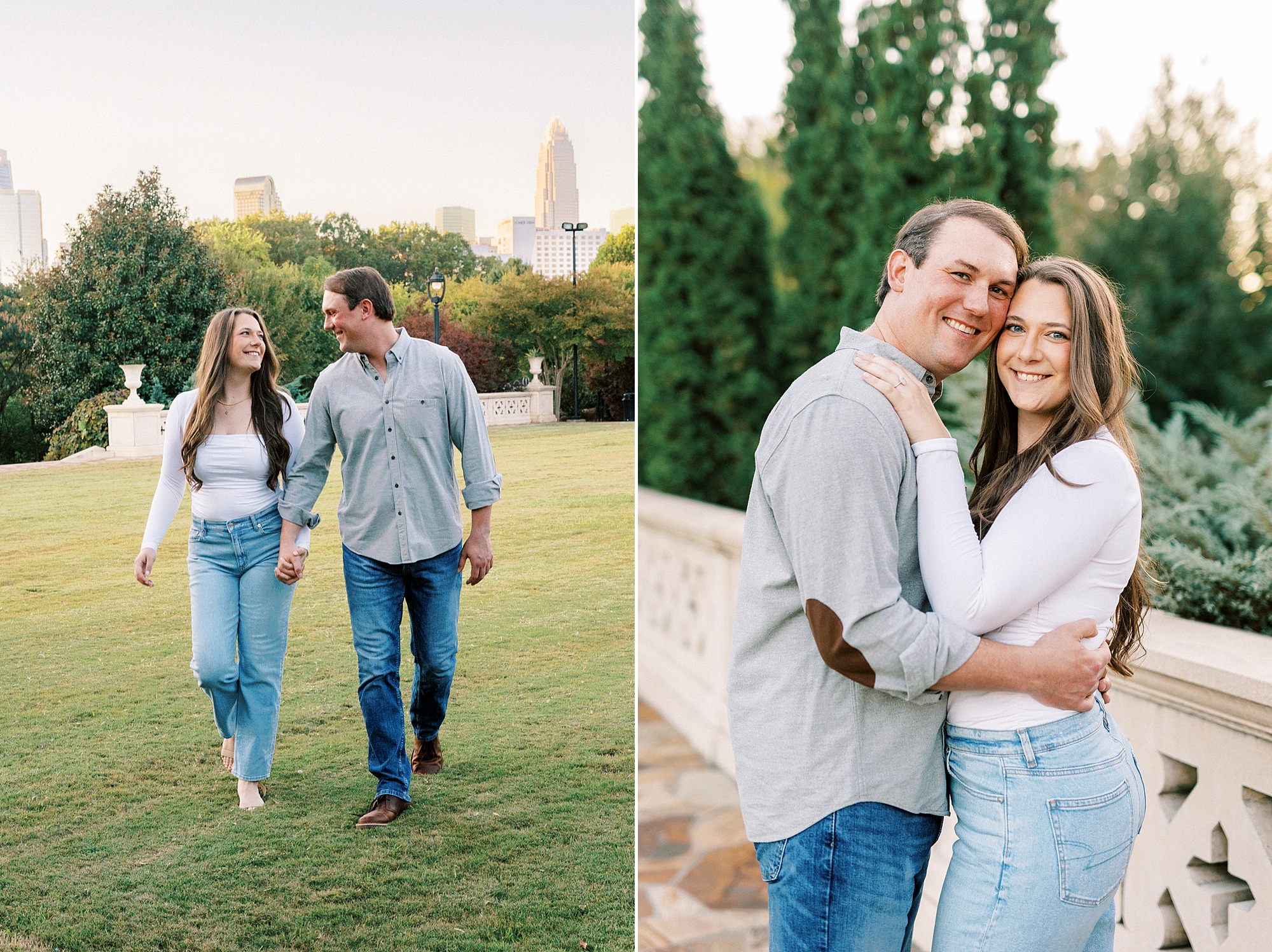 man and woman hug on bridge inside Midtown Park in casual outfits 
