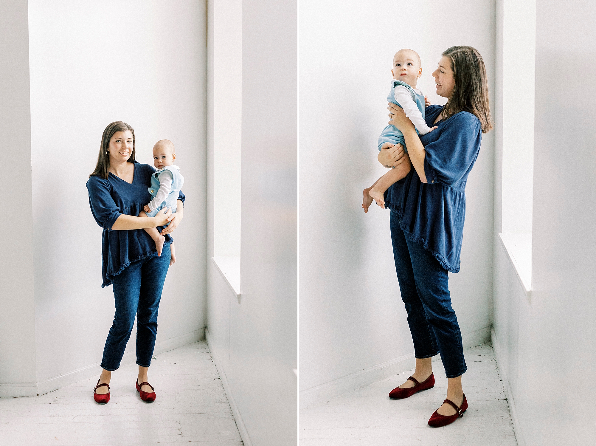 mom stands with baby on her hip inside Concord studio