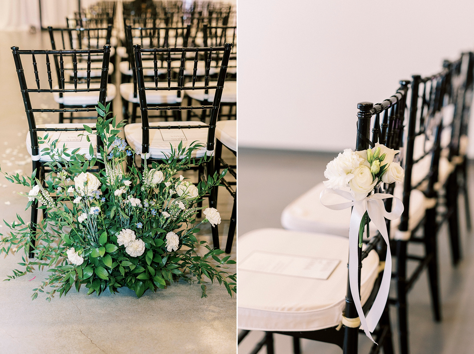 white flowers rest on black chairs for ceremony inside the Mint Museum Uptown