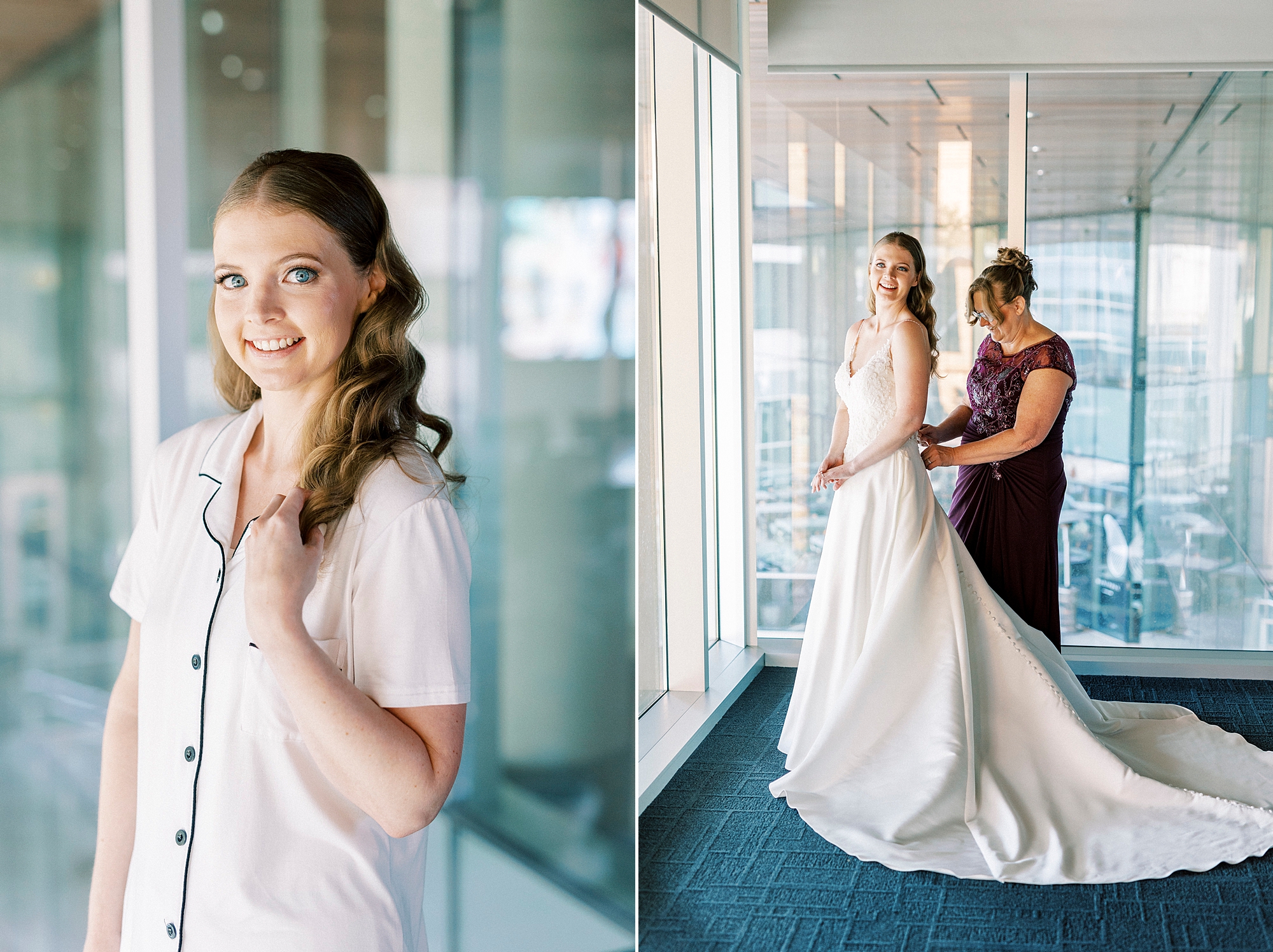 mother helps bride into wedding dress inside the Mint Museum Uptown