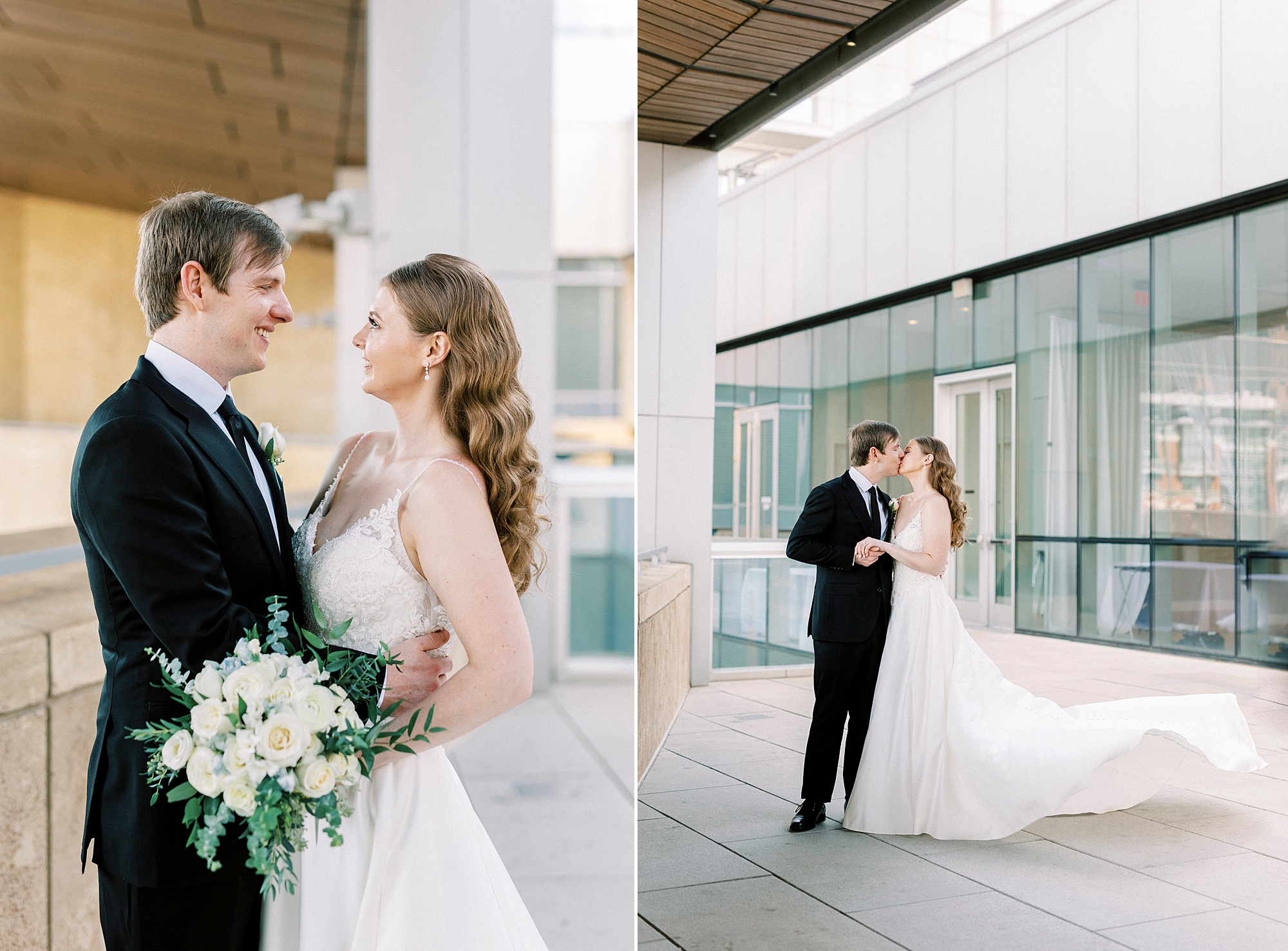 bride and groom hug in parking deck at the Mint Museum Uptown