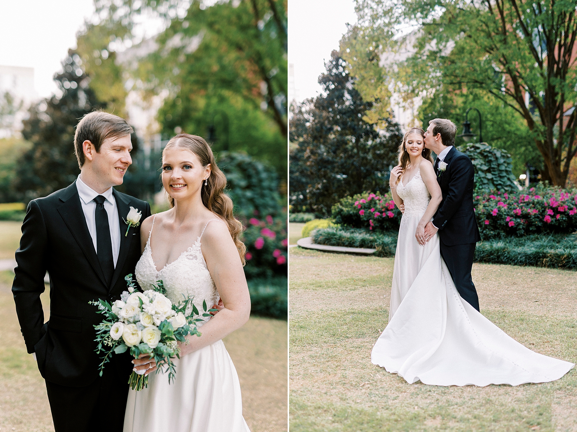 bride and groom hug in gardens during Charlotte wedding day