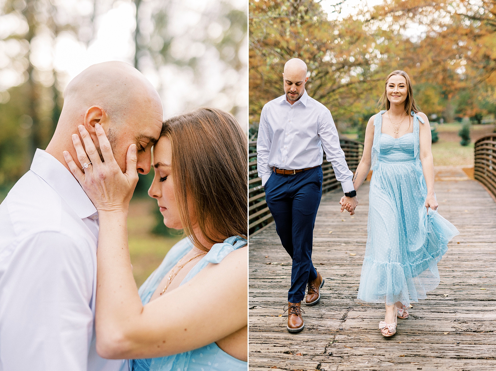 engaged couple leans heads together on bridge inside Glencairn Garden