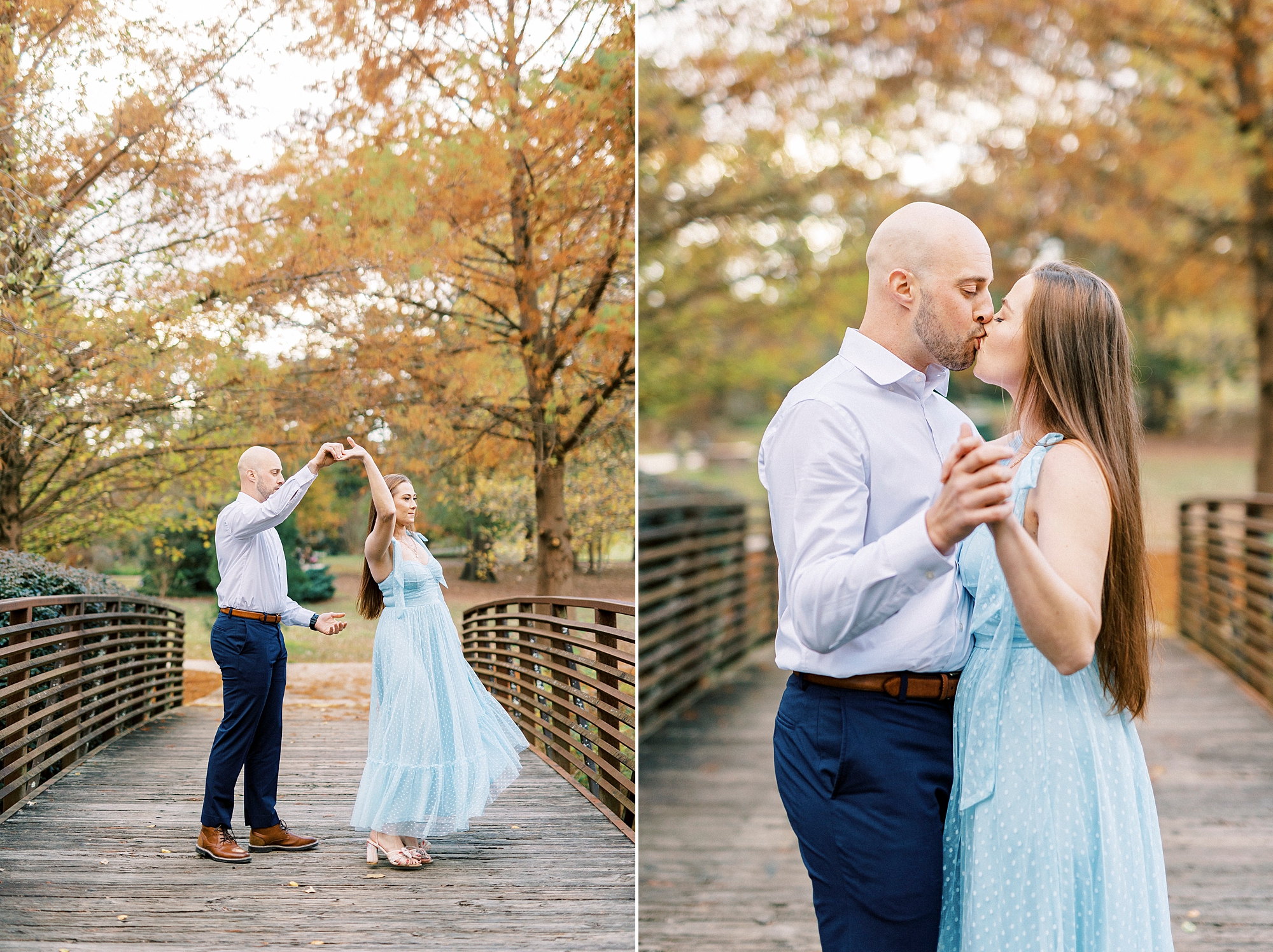 couple dances on wooden bridge inside Rock Hill SC park