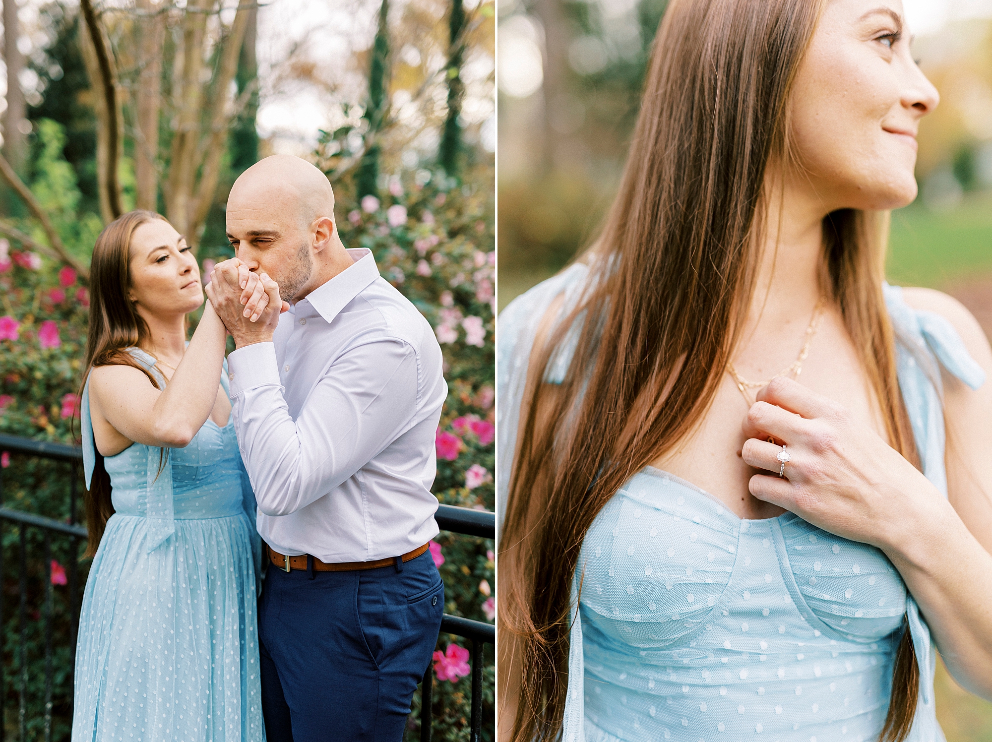 man kisses woman's hand and she holds necklace above blue dress