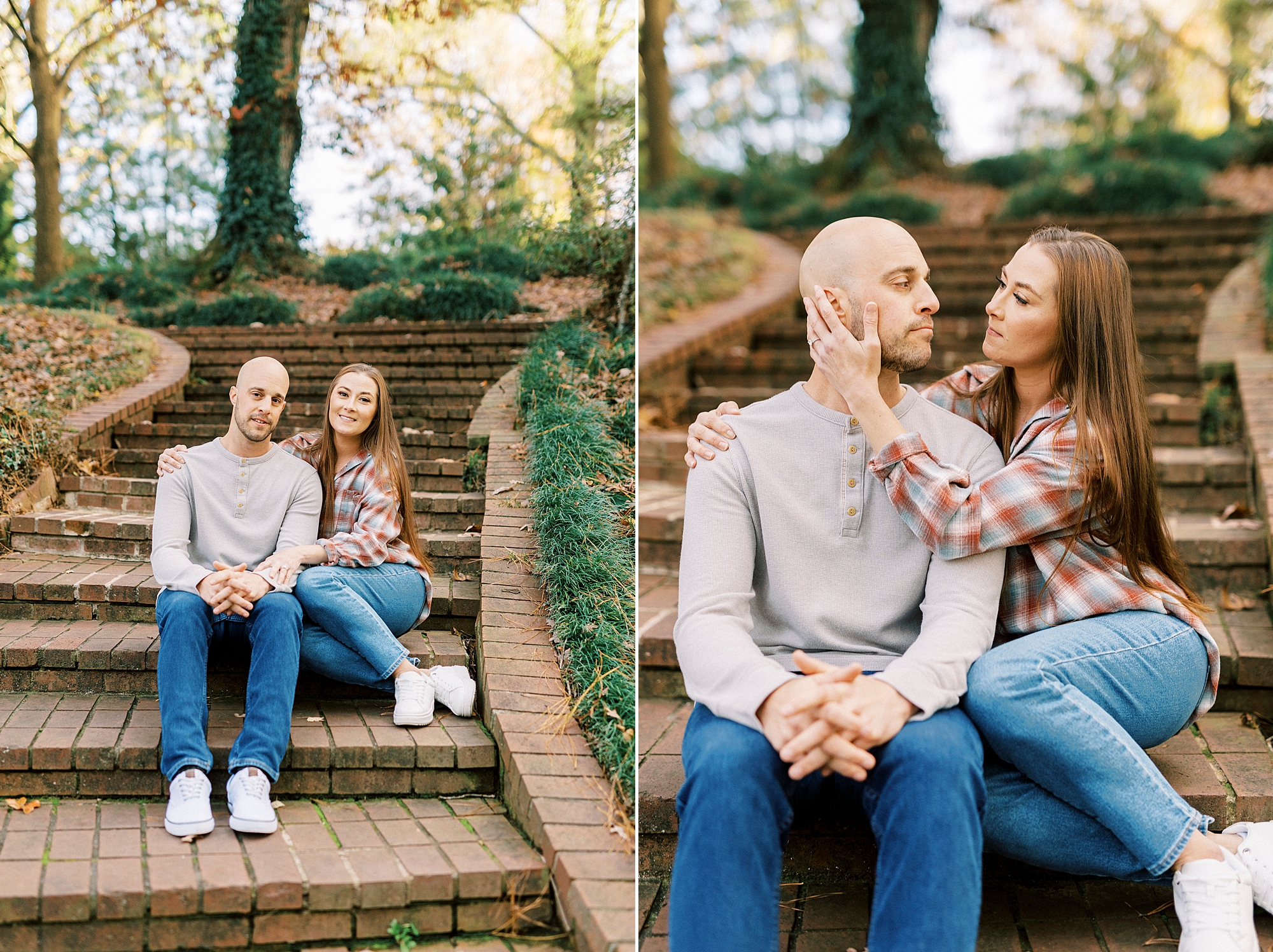 engaged couple sits on steps inside Rock Hill SC park
