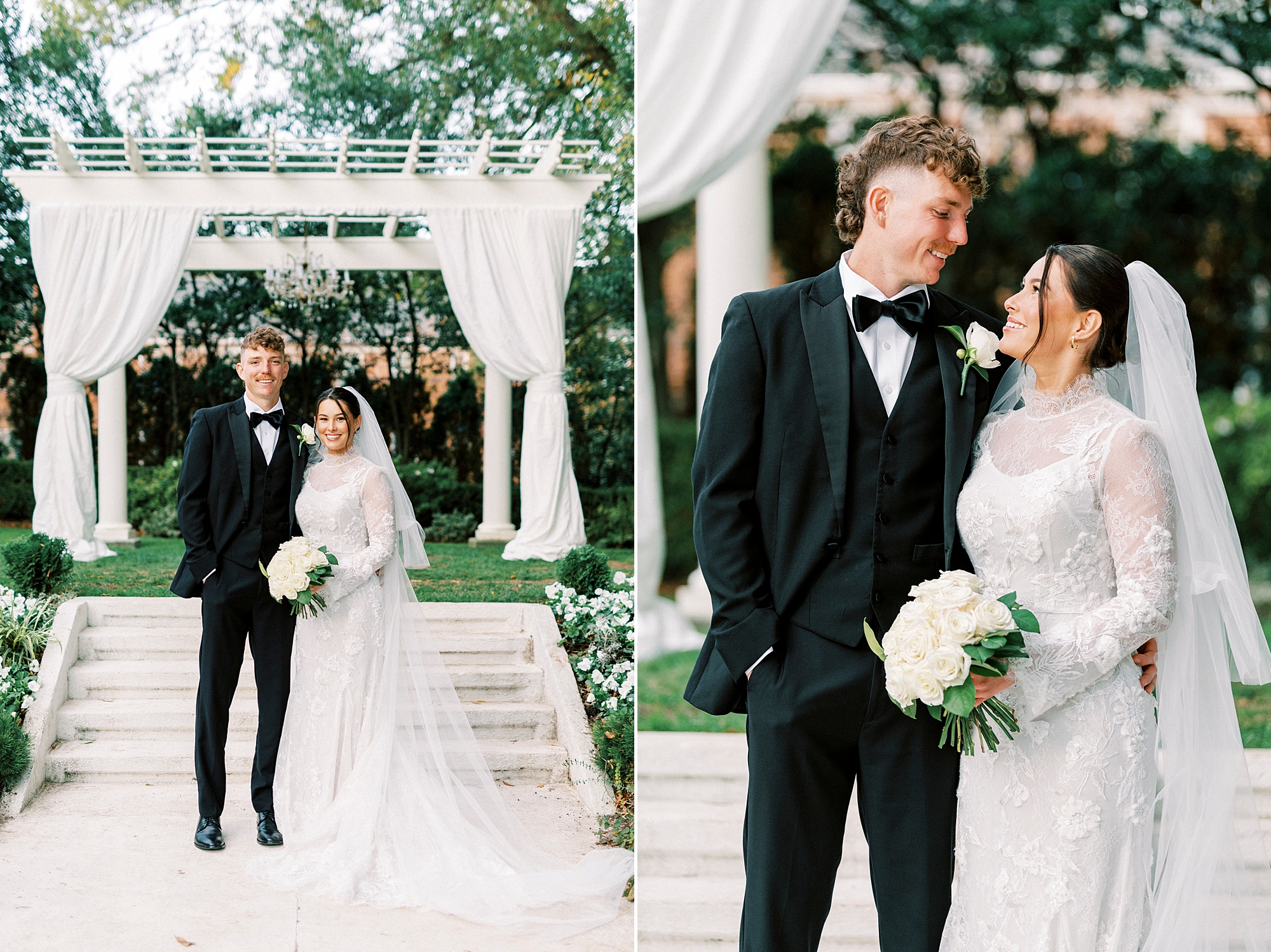 bride and groom stand in gardens by arbor at Separk Mansion