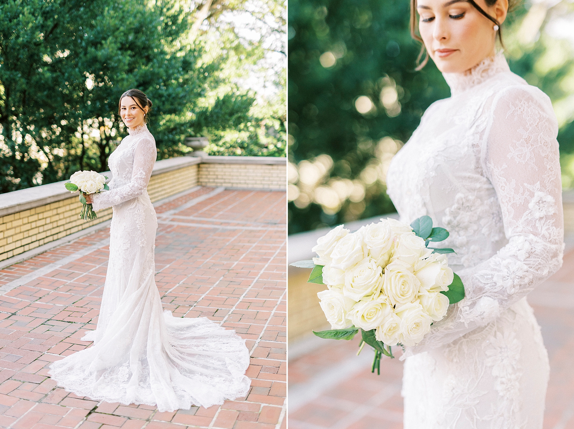 bride stands on brick patio holding bouquet off very flowers for fall wedding day at Separk Mansion
