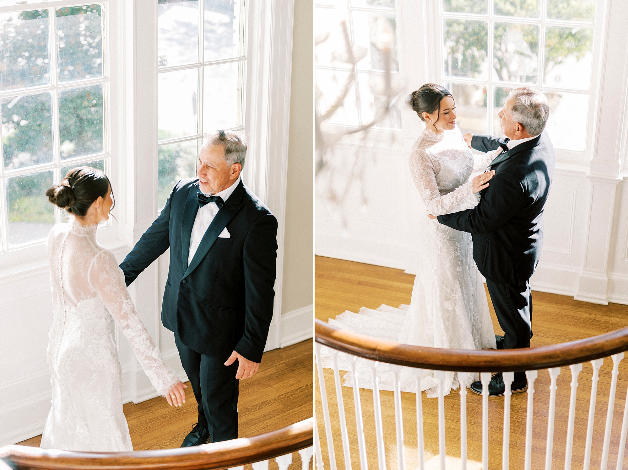 bride has first look with dad on staircase inside Separk Mansion
