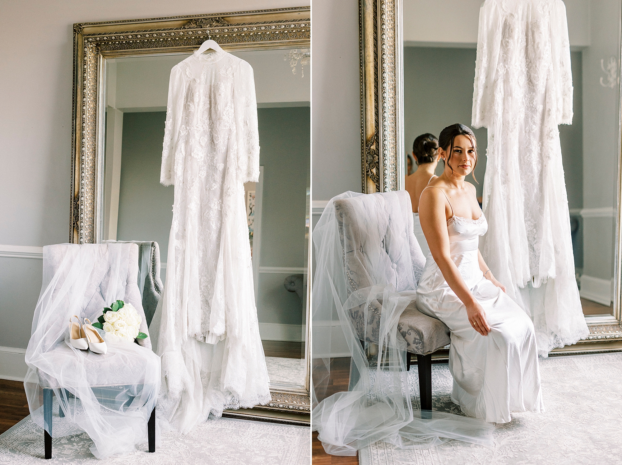 bride sits on velvet chair in bridal suite at Separk Mansion with wedding gown hangin behind her