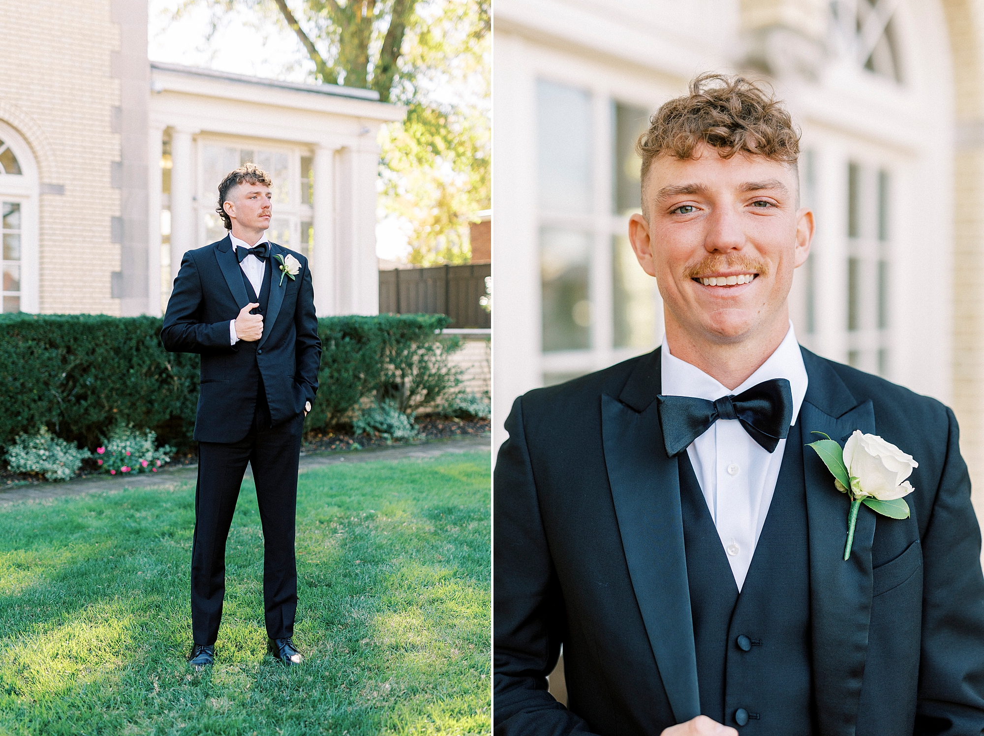 groom stands on lawn outside Separk Mansion holding lapel of his black suit jacket