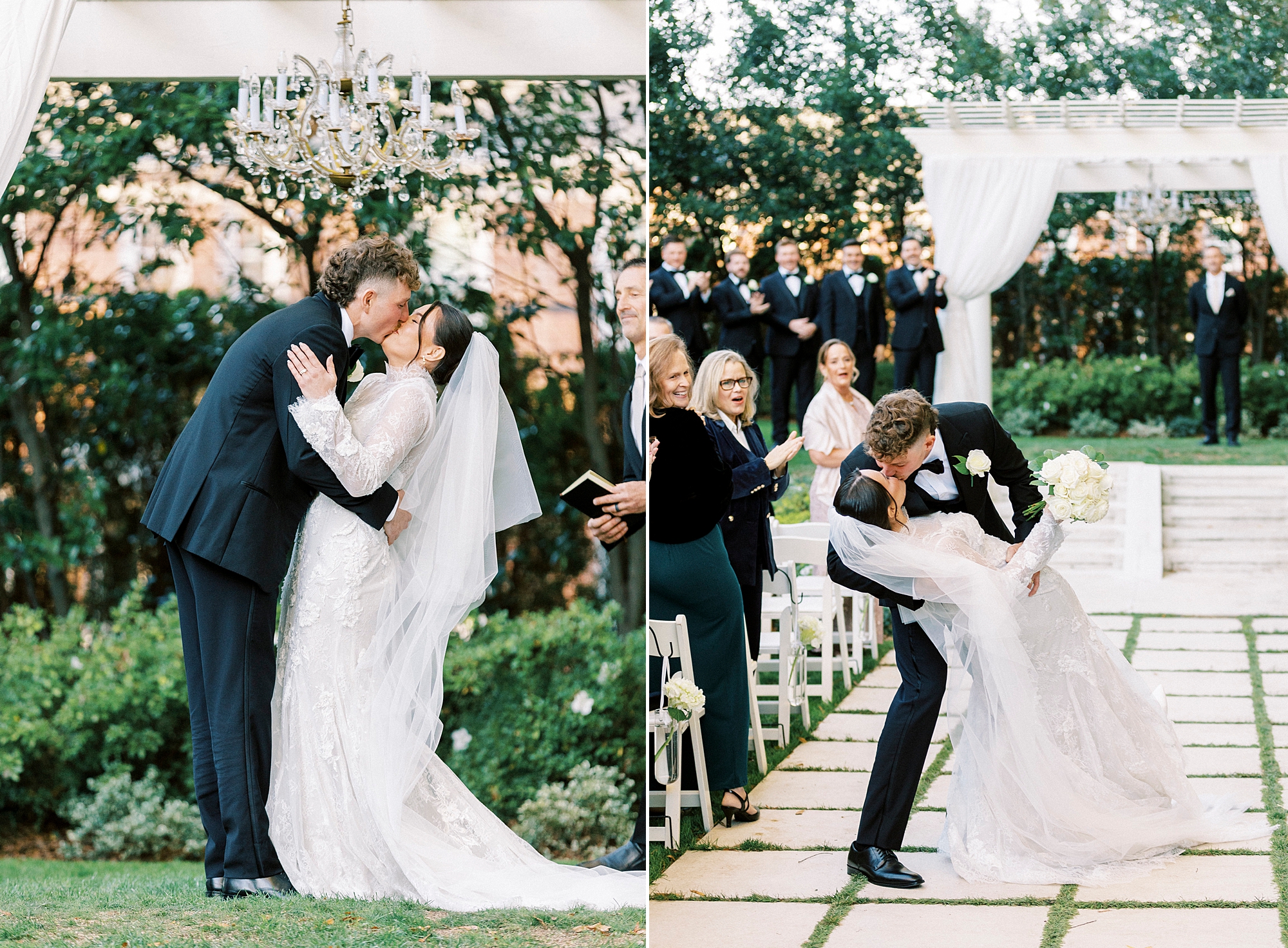 bride and groom kiss during wedding ceremony outside at Separk Mansion