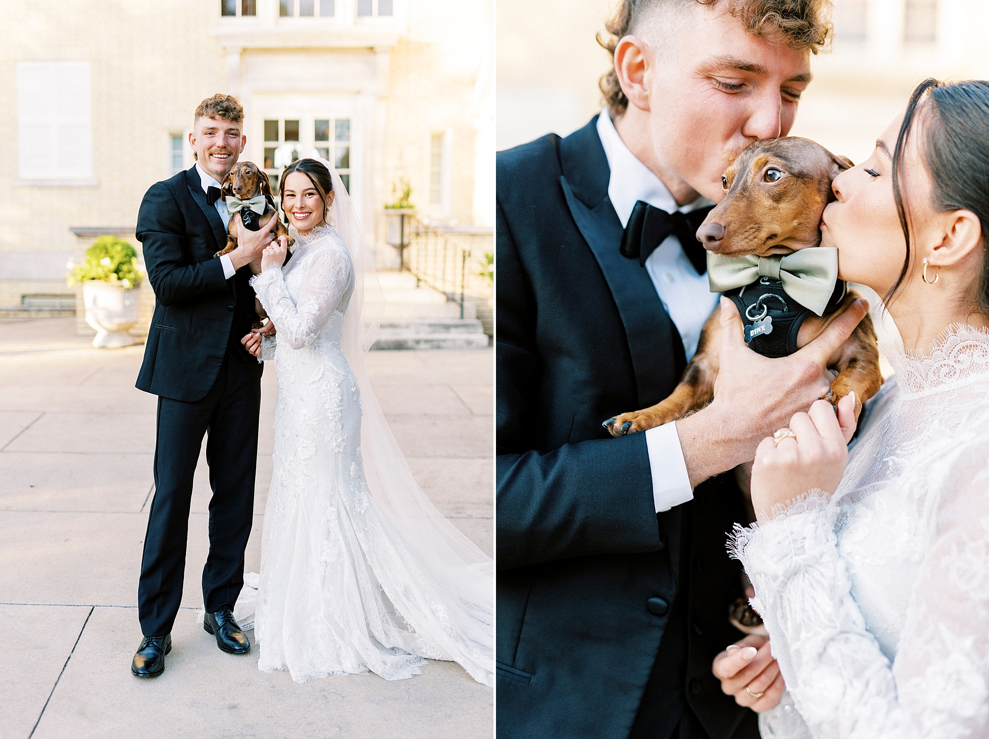 newlyweds hug Weiner dog on patio outside Separk Mansion