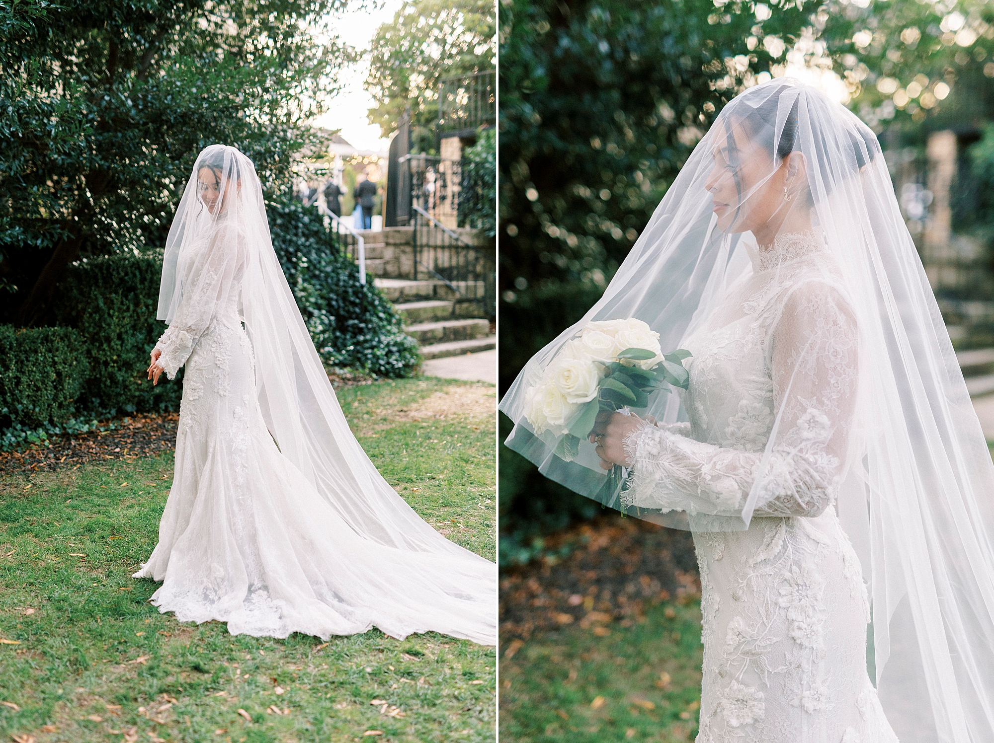bride holds bouquet of white flowers under veil on lawn at Separk Mansion