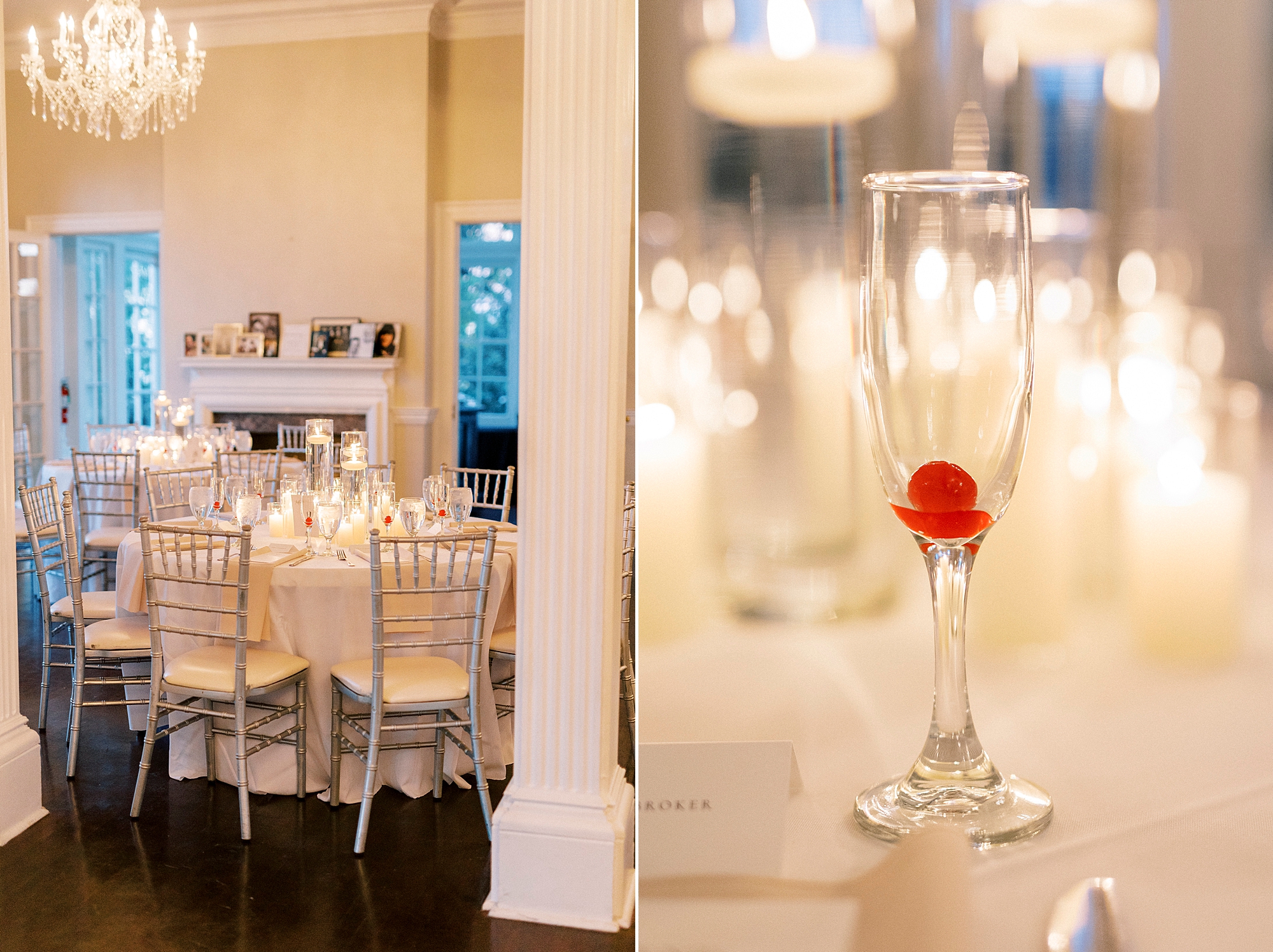 luxurious wedding reception with candle decor and ivory table cloths