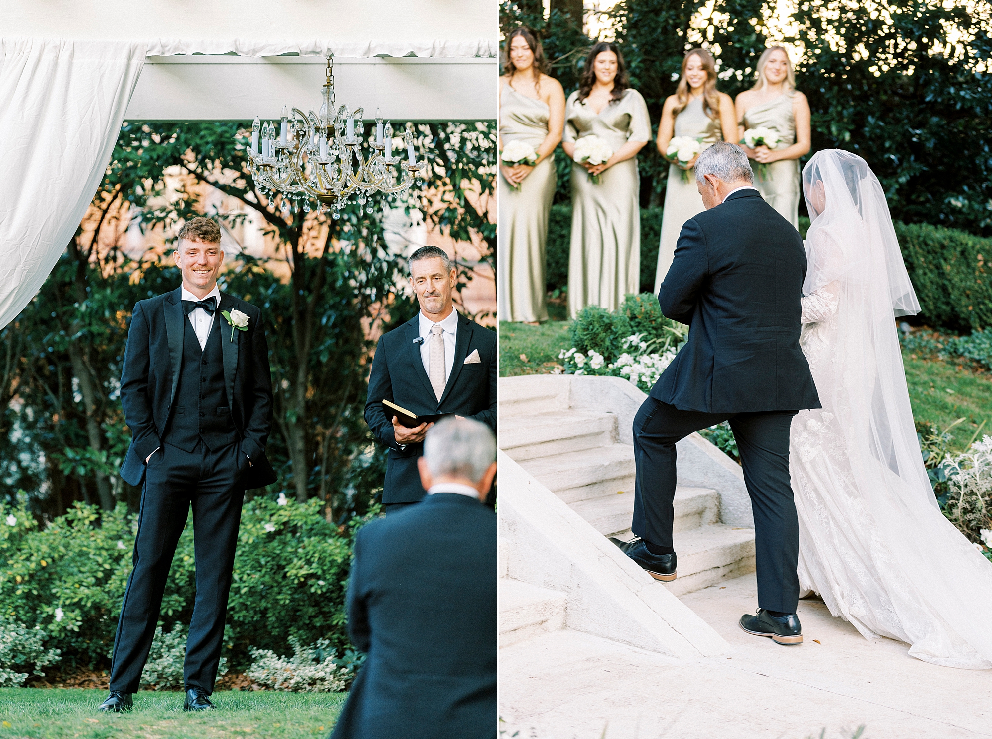 father walks bride up stairs at Separk Mansion