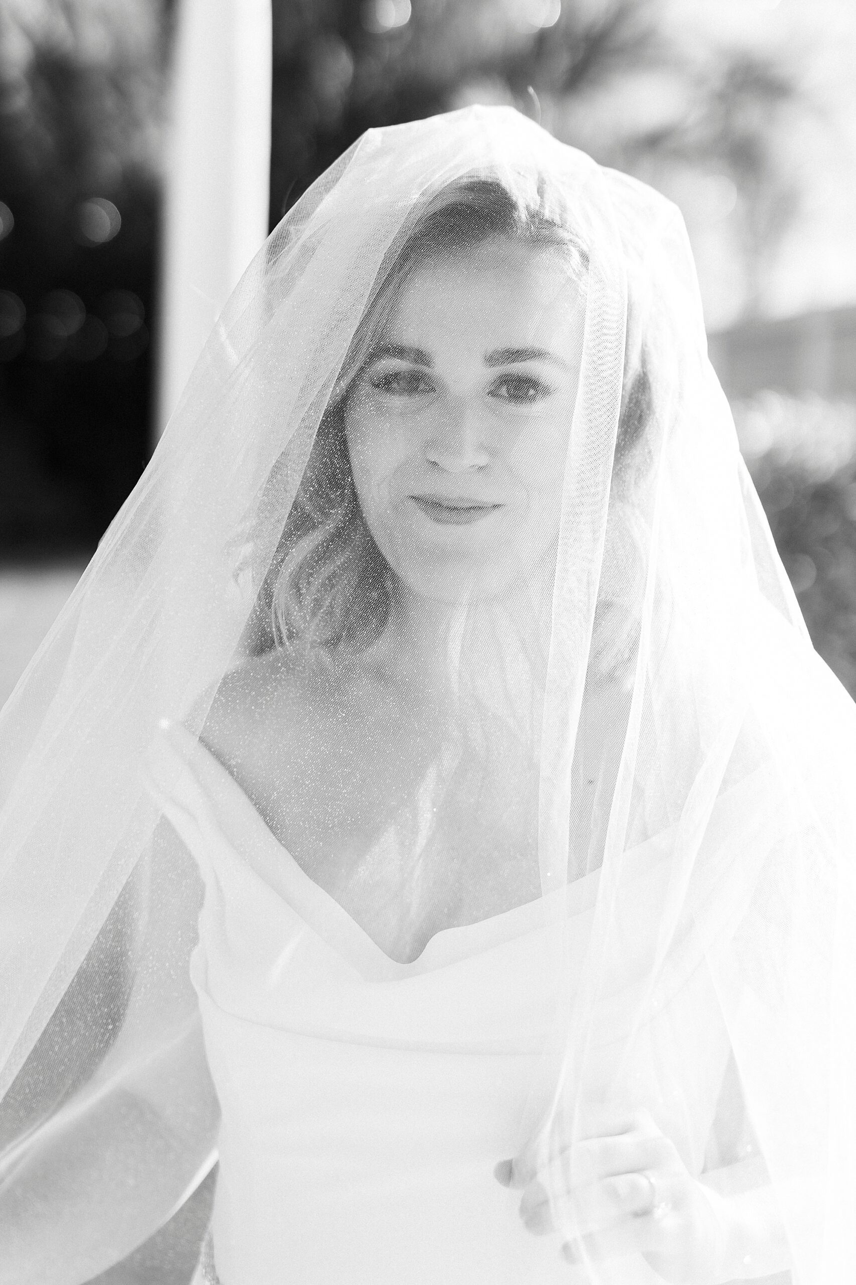 black and white portrait of bride from under her veil at Separk Mansion