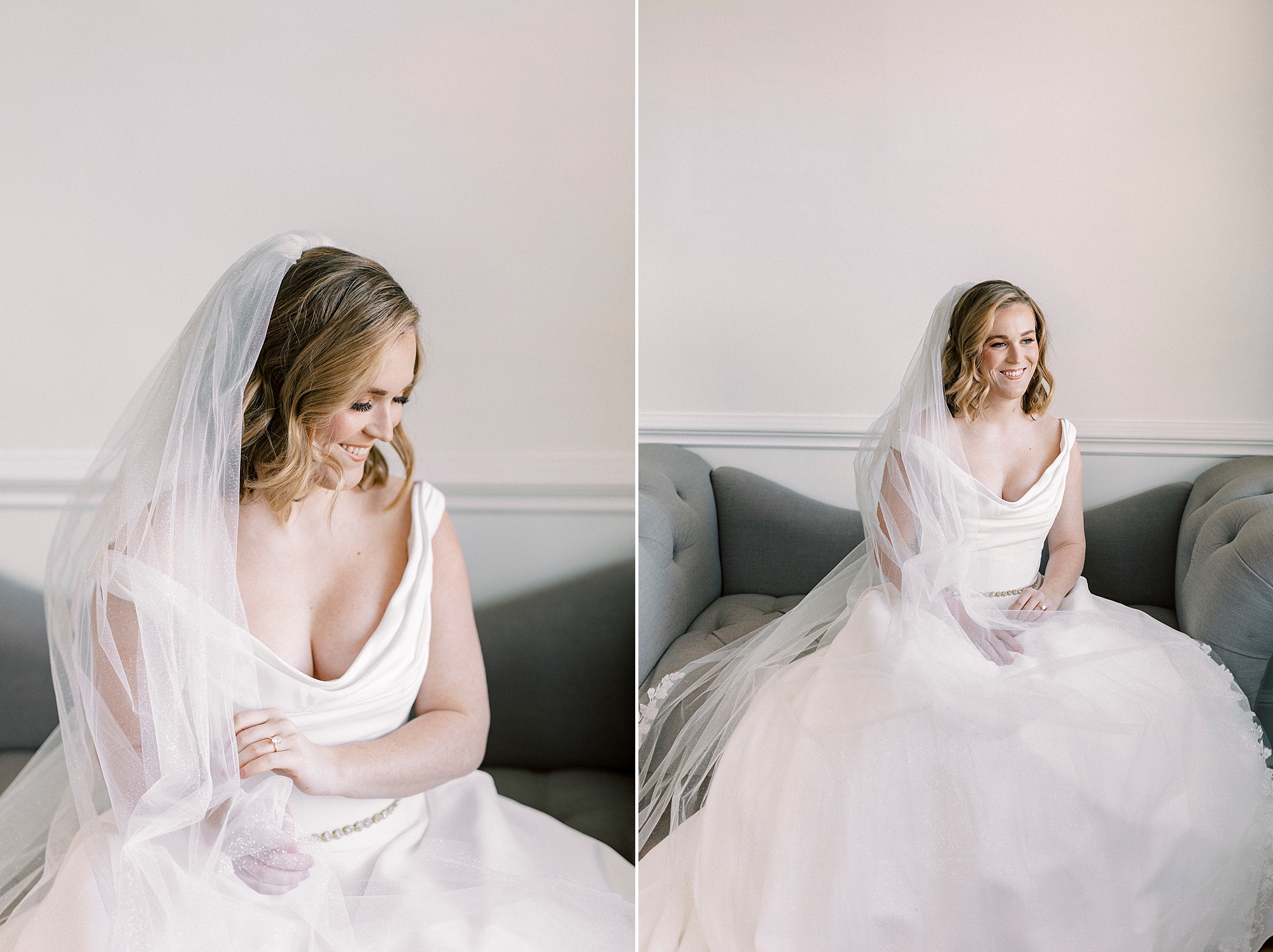 bride sits on velvet couch during classic bridal portraits at Spark Mansion