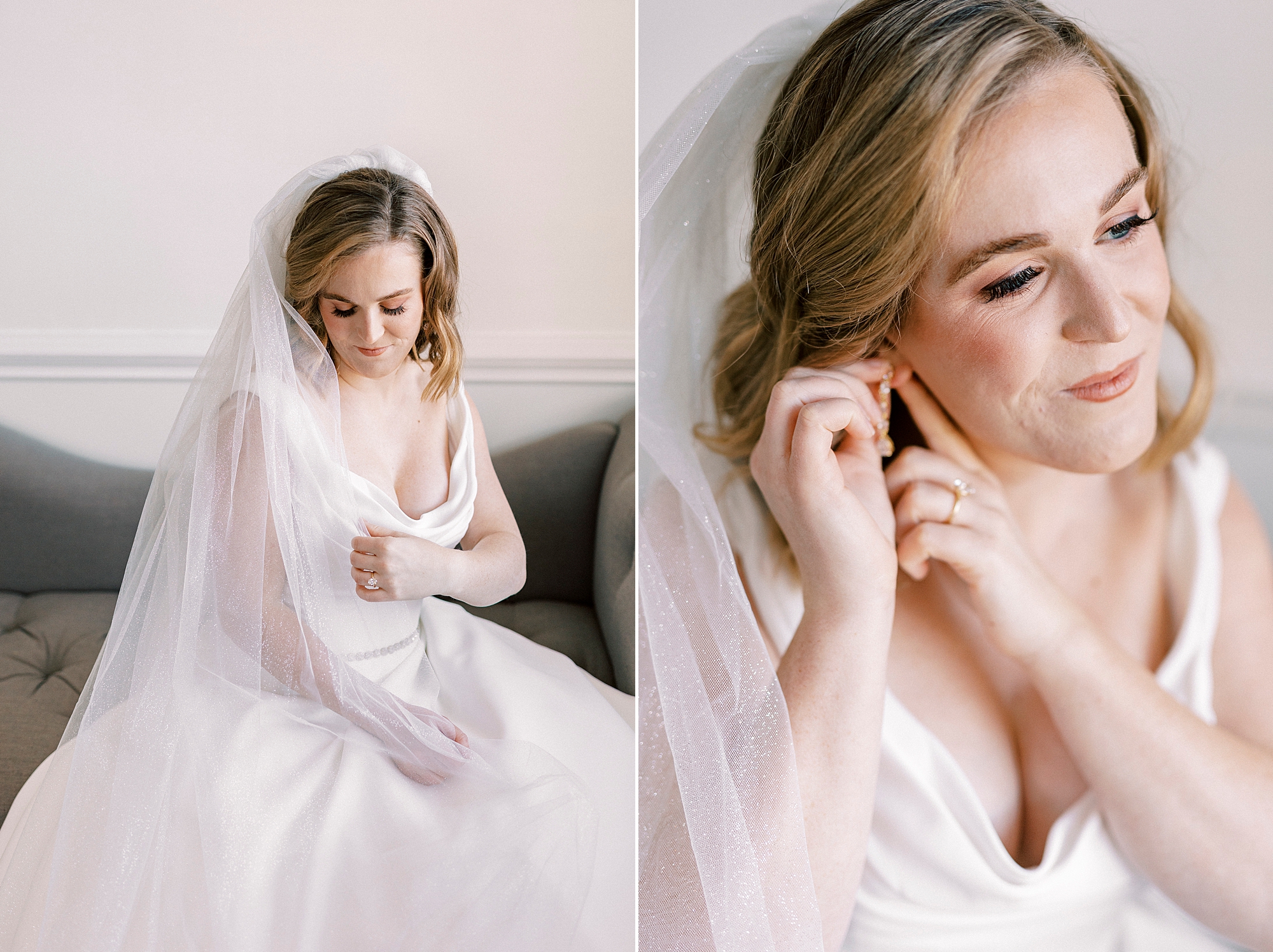 bride adjusts earrings during classic bridal portraits at Spark Mansion