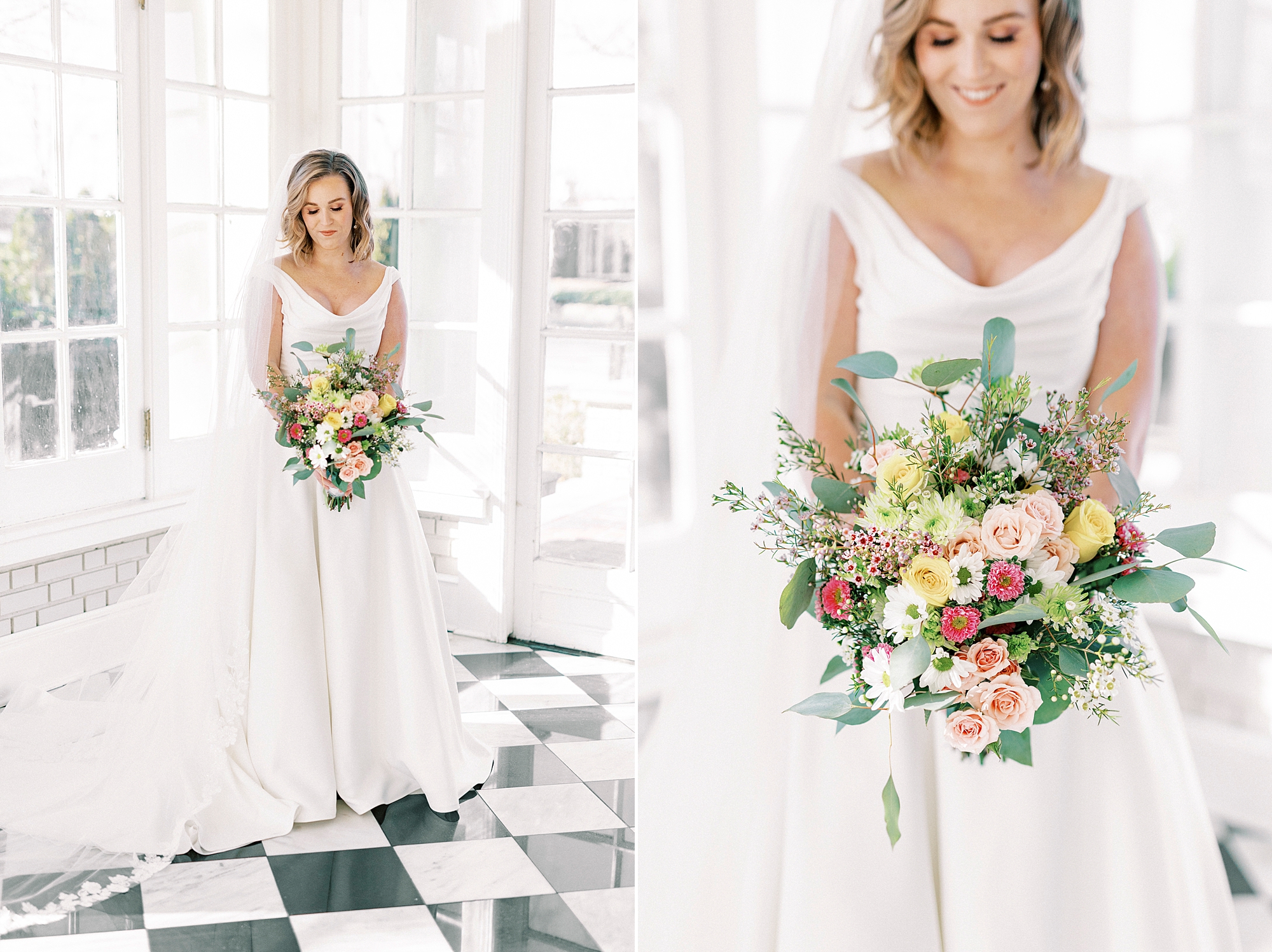 bride holds colorful bouquet of mixed flowers during bridal portraits at Separk Mansion