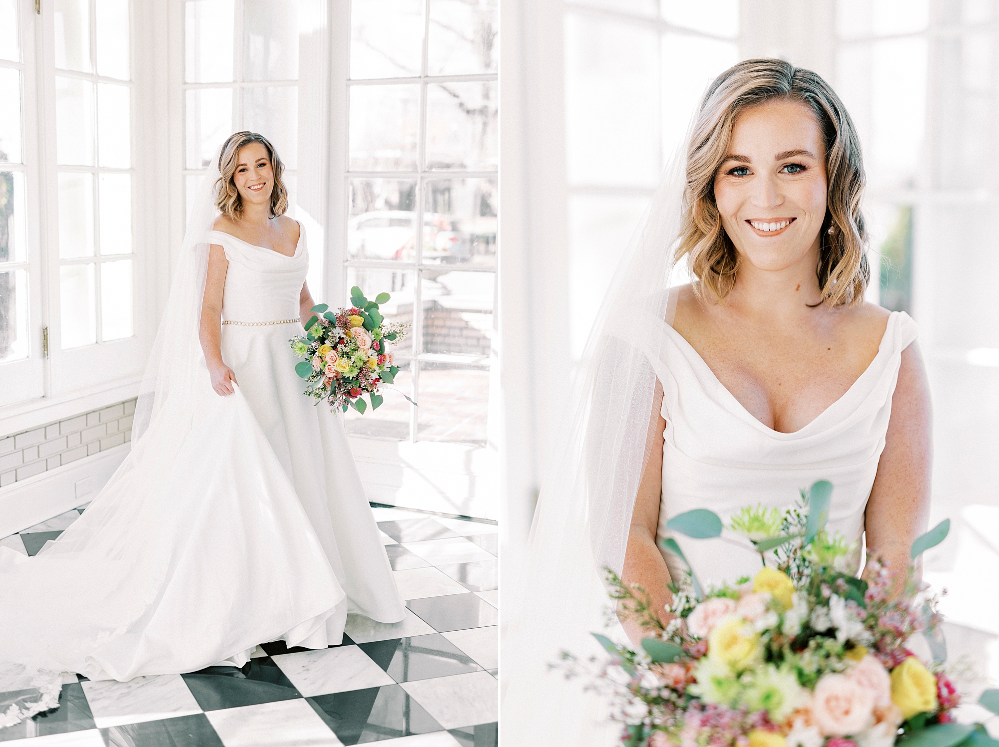 bride holds bouquet of colorful flowers during classic bridal portraits at Separk Mansion
